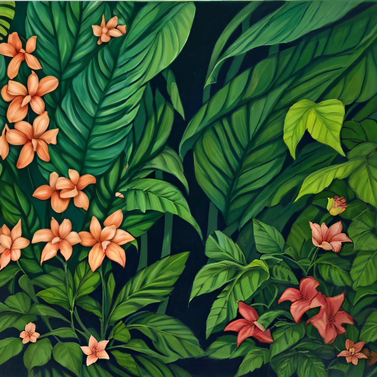 a painting of orange flowers and green leaves on a black background, blooming tropical flowers, tropical flowers, lush garden leaves and flowers, In the jungle. full bloom, tropical flower plants, tropical plants and flowers, (tropicalism), nature painting, canvas painting, author：Andrew Rueland, Tropical leaves, tropical foliage, tropicalism, tropical mood