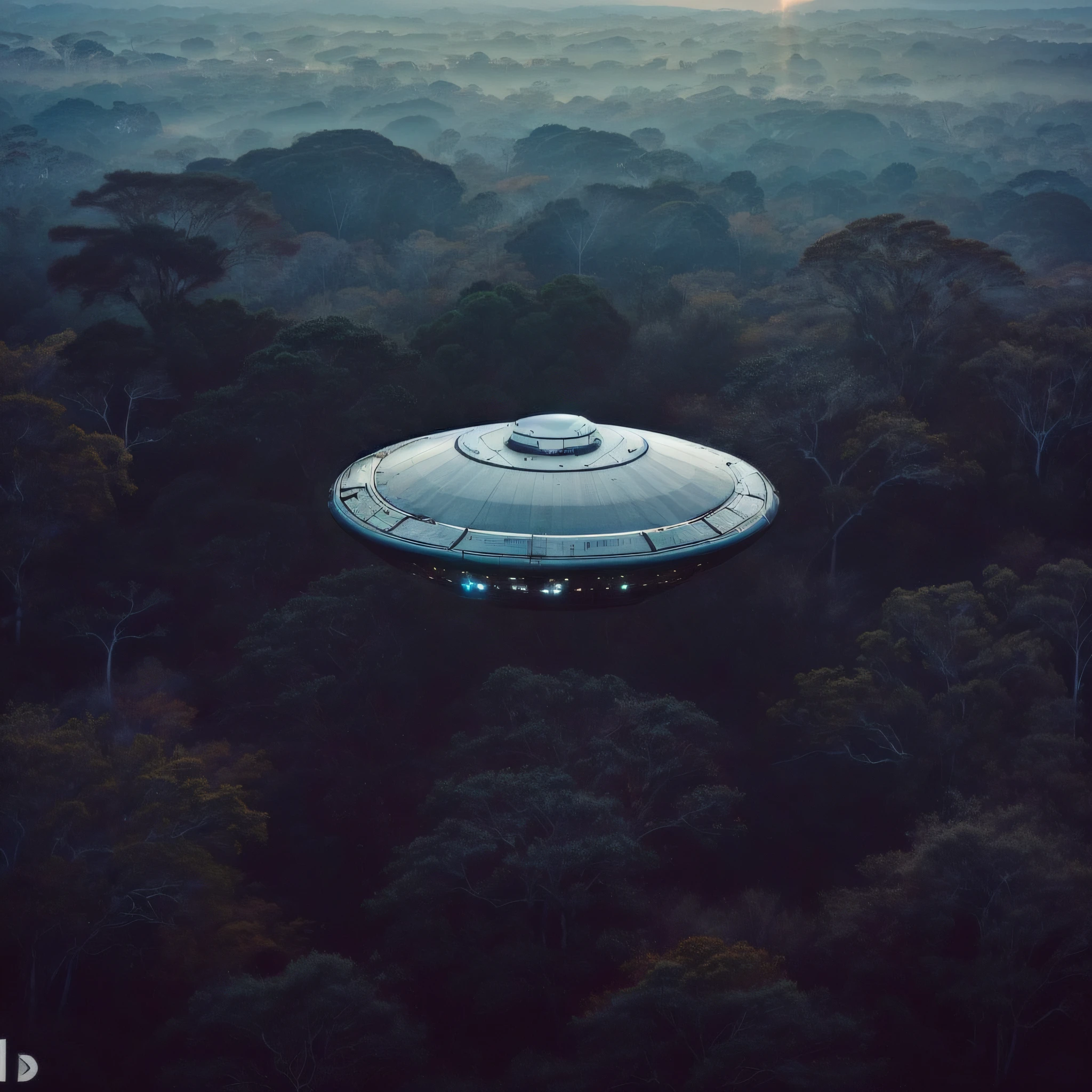 ufo extremamente detalhado e realista, Standing over the dense Amazon jungle with a mysterious light, ultra qualidade de imagem, 8k