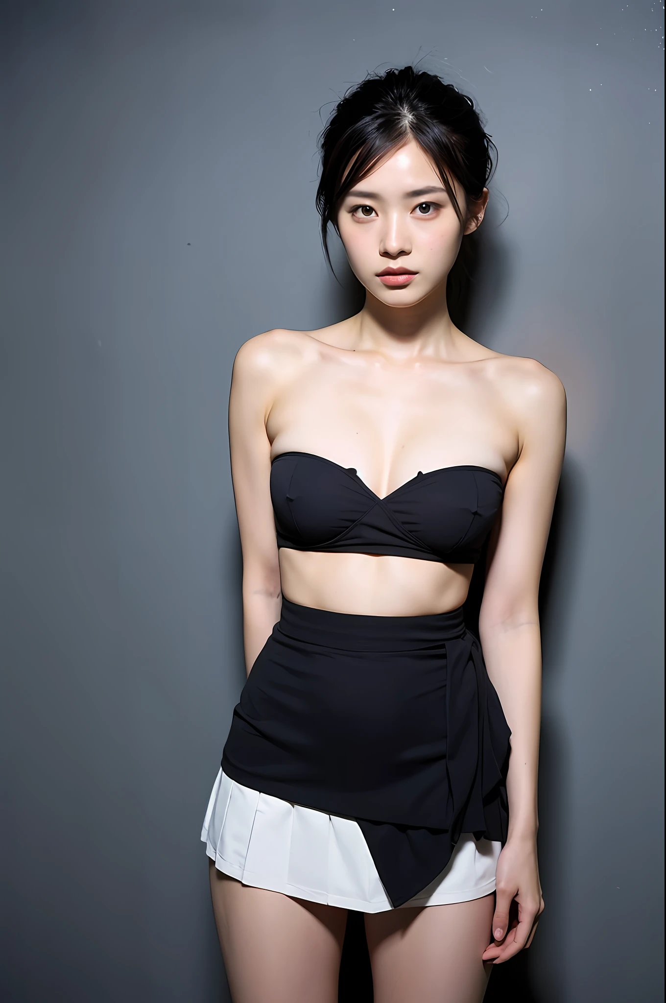 (Highly detailed body,Highly detailed face,the best quality:1.2) ,a woman with,Look at viewers,(Black bandeau,JK pleated skirt black),(Background room wall:1.4),(Medium breast1.2),(The bandeau looks like a rectangular 1.2 ,Wrap the breast 1.2)