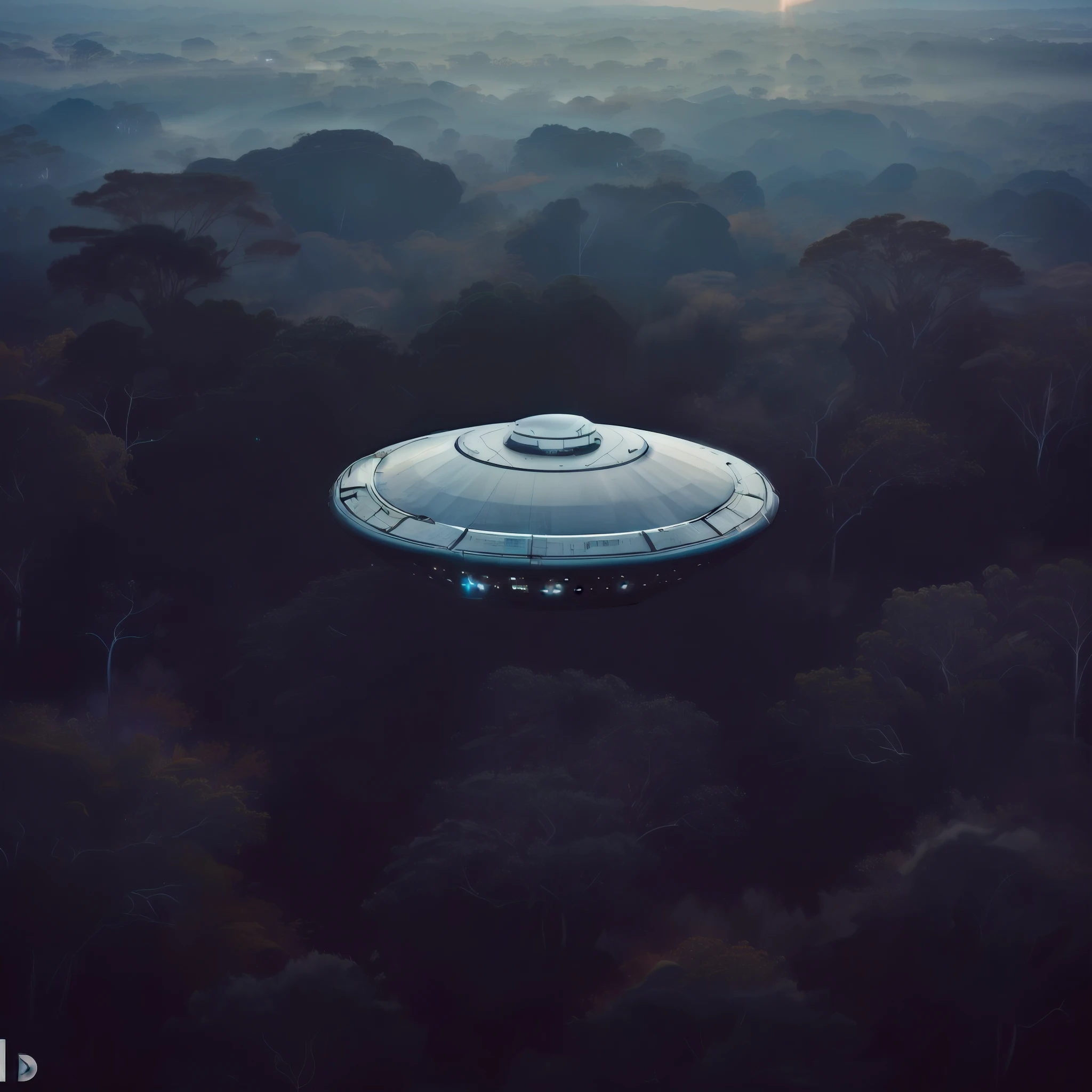ufo extremamente detalhado e realista, Standing over the dense Amazon jungle with a mysterious light, ultra qualidade de imagem, 8k