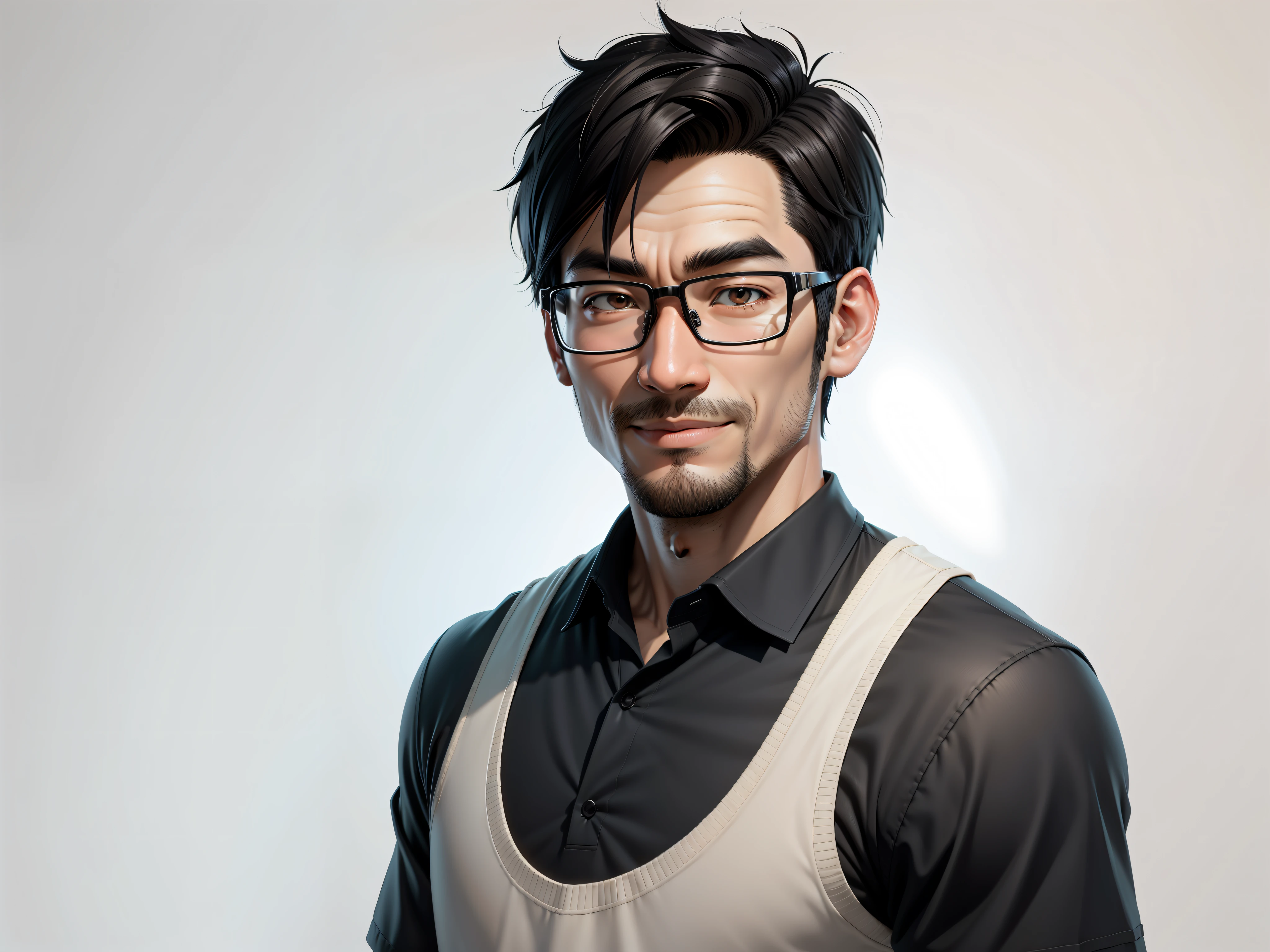 Super young, Japanese man, 35 years old, silver glasses, slightly chubby face, clean face, no beard on chin, black super short hair, black eyes, confident smile, polo cedar, digital painting, film, 3D character design by Mark Claireden and Pixar and Hayao Miyazaki, the illustration is HD illustration in 4K resolution with very detailed facial features and cartoon-style visuals.