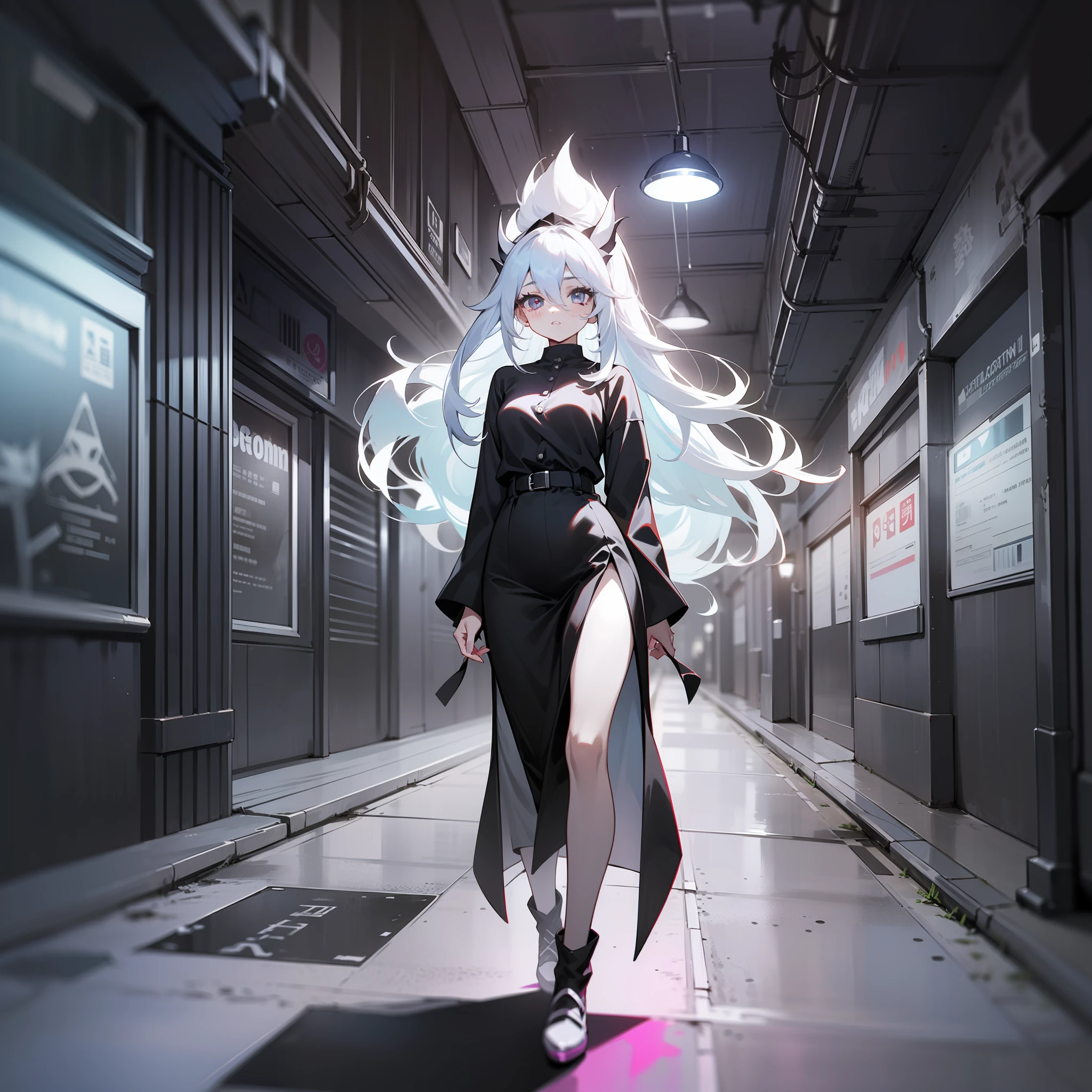 (巨作) Poster Street Style Black and White Style Performance Underground Street Cyberpenk Showing a girl with long white hair walking at night with shiny eyes and rich hair details