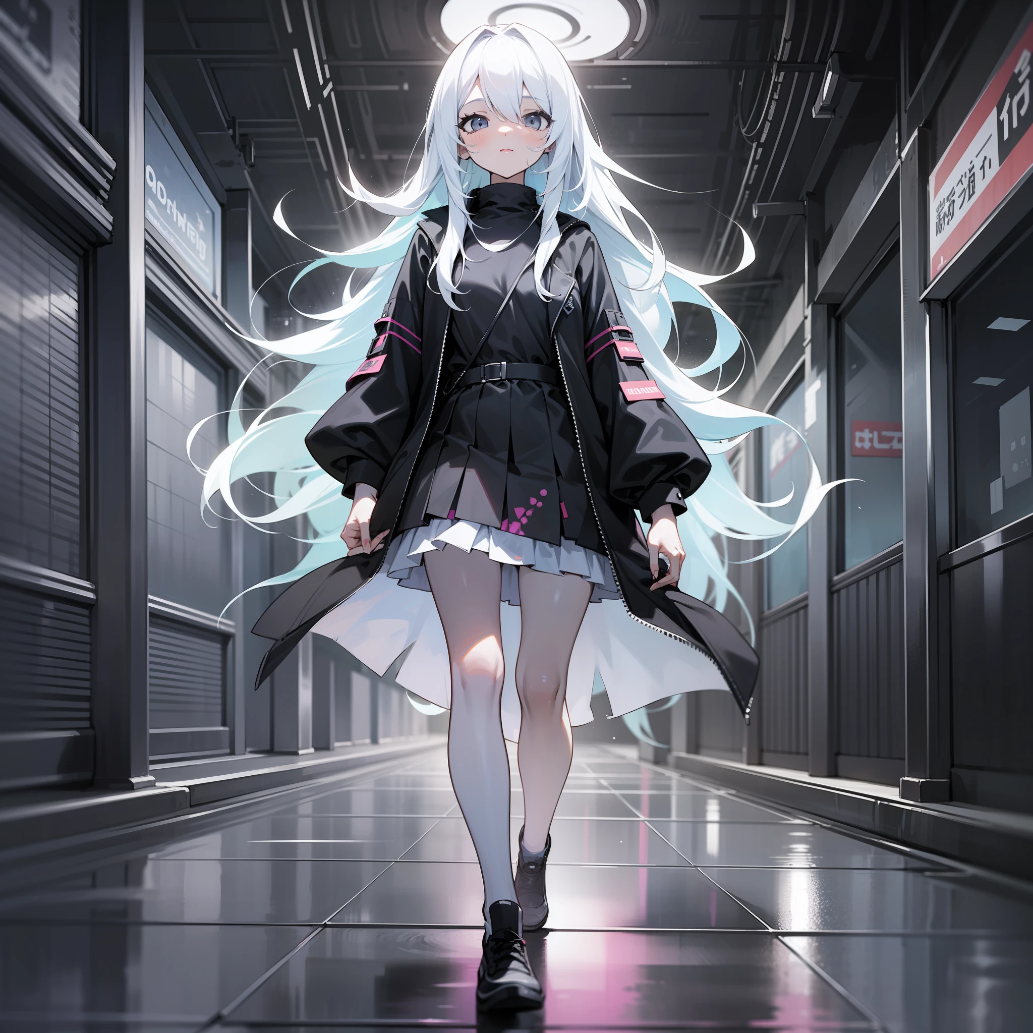 (巨作) Poster Street Style Black and White Style Performance Underground Street Cyberpenk Showing a girl with long white hair walking at night with shiny eyes and rich hair details