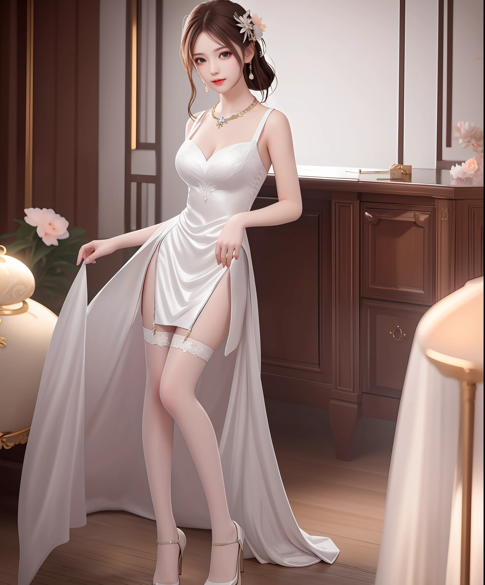 Best Quality, Masterpiece, High Resolution, 1 Girl, Porcelain Dress, Hair Accessories, Necklace, Jewelry, Beautiful Face, Physically, Tyndall Effect, Realistic, Dark Studio, Edge Lighting, Two-tone Lighting, (High Detail Skin: 1.2), 8K UHD, DSLR, Soft Light, High Quality, Volumetric Light, Voy Shot, Photo, High Resolution, 4K, 8K, Background Bokeh, Full Body View, White Slip Stockings, In Asanagu