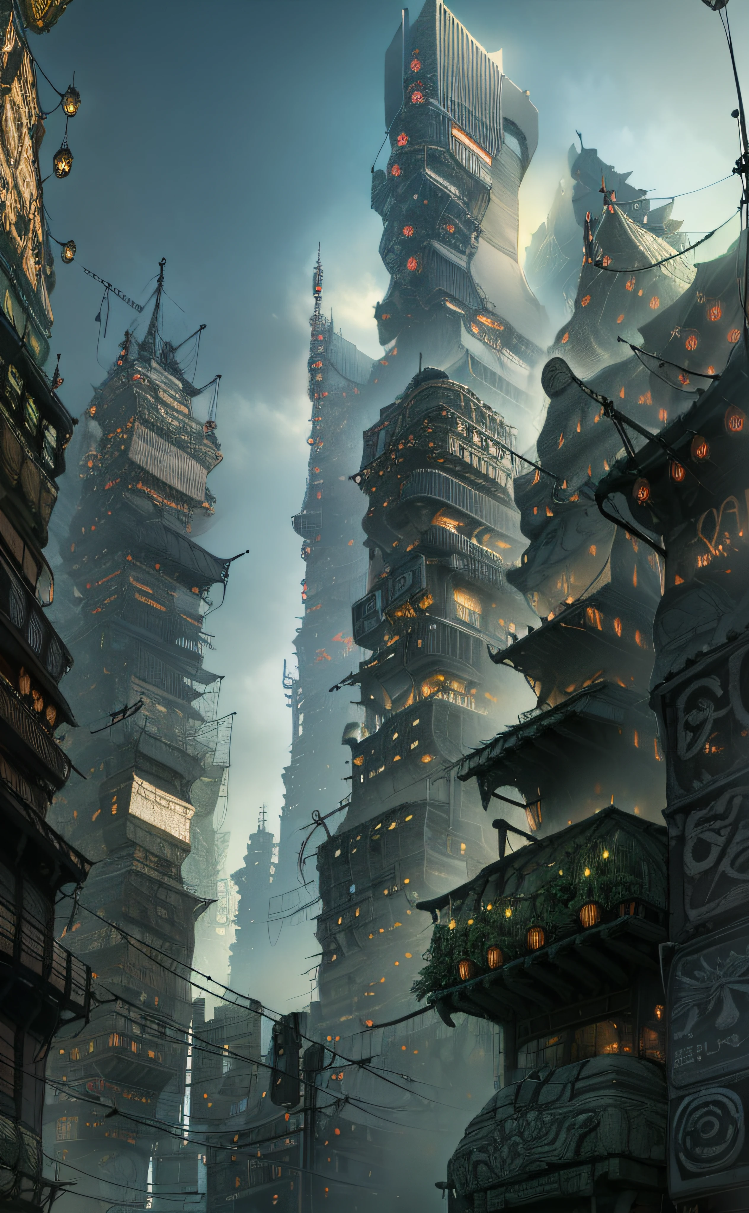 Urban Design Skyscrapers in Sydmaid、chaos、Complex and high-definition、bladerunner、Ridley Scott's visual expression、Futuristic cities、cyberpunked