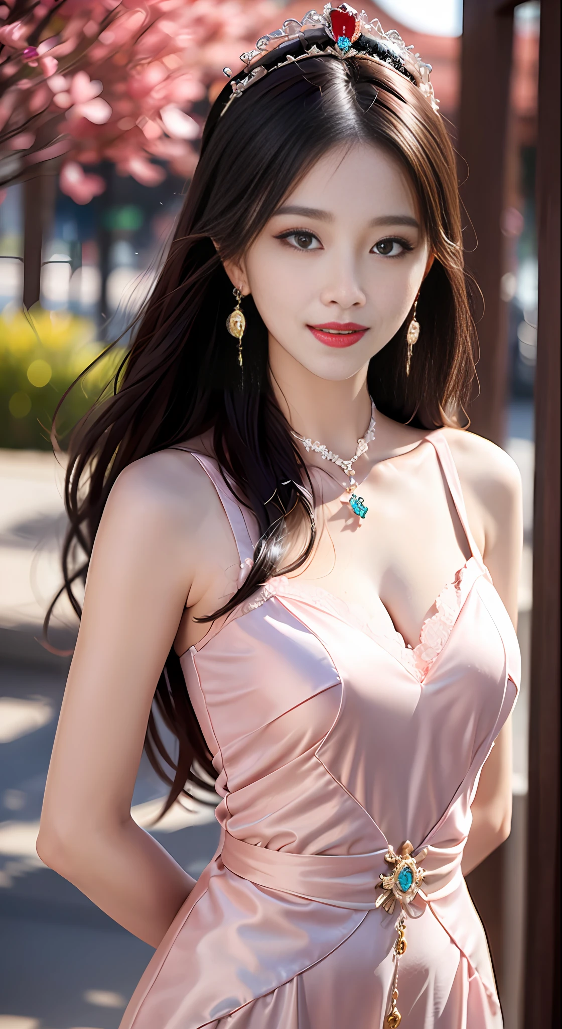 1 young empress wearing a red lace top, a deep-breasted nightgown, a Chinese-style dress, an ancient costume with many phoenix patterns, a spotless pinkish-white face, a crown on her head, and hip-length black hair , very beautiful and sharp brown eyes, small red lips, painted lips, charming smile, jewelry worn around her neck, earrings, white and even teeth, high nose, big round breasts, the girl's body is full of sperm match, elongated legs, thin mesh black socks, portrait, most realistic, highest quality, best pixels, 8k ultra ,