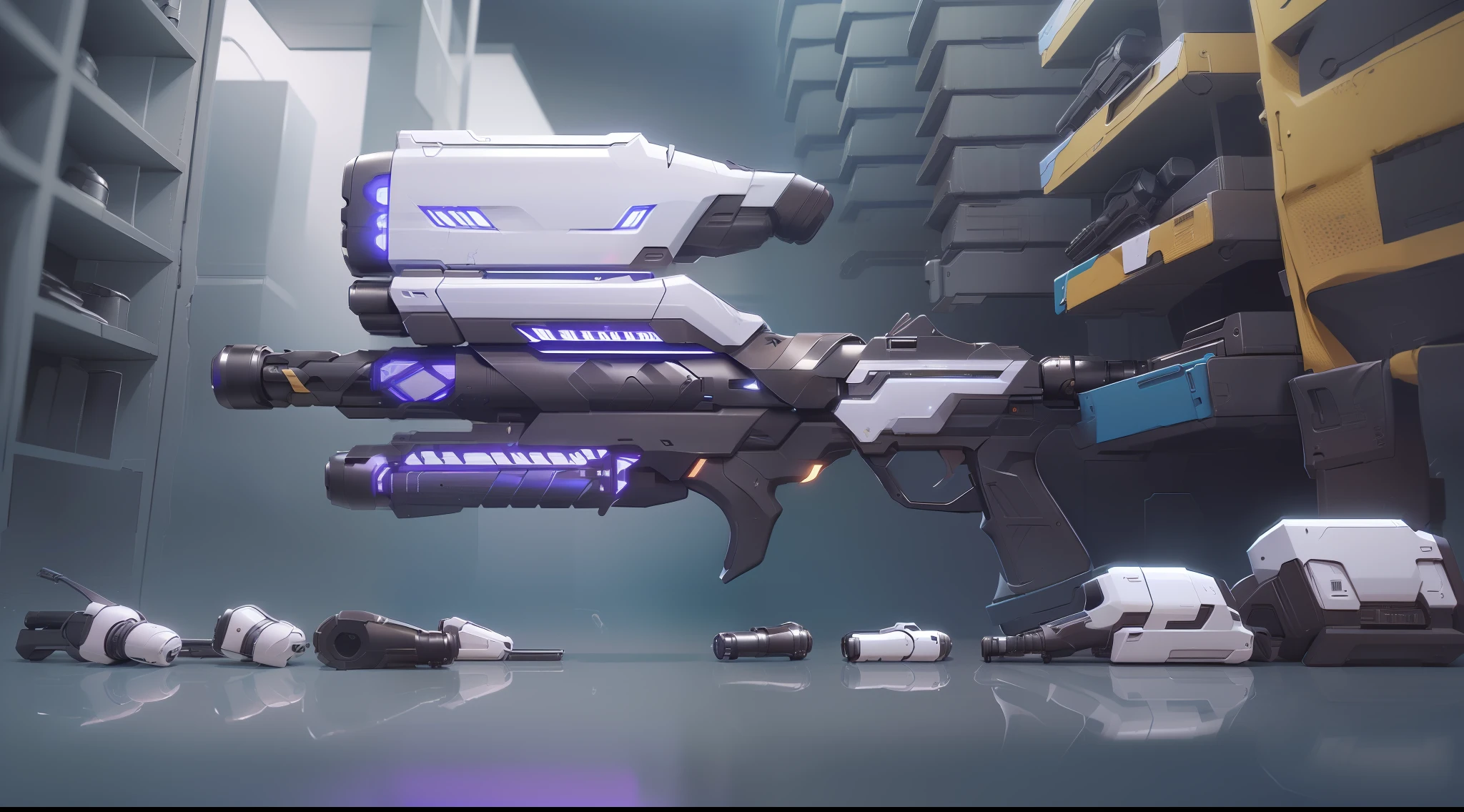 A gun,(巨作, Top quality, Best quality, offcial art, Beautiful and aesthetic:1.2),(8K, Best quality, 巨作:1.2), CG,game,gun icon, (No Man:1.5), arma, Simple background, arma, radio antenna, Science fiction,Blue-white,game assets,Mirror reflection