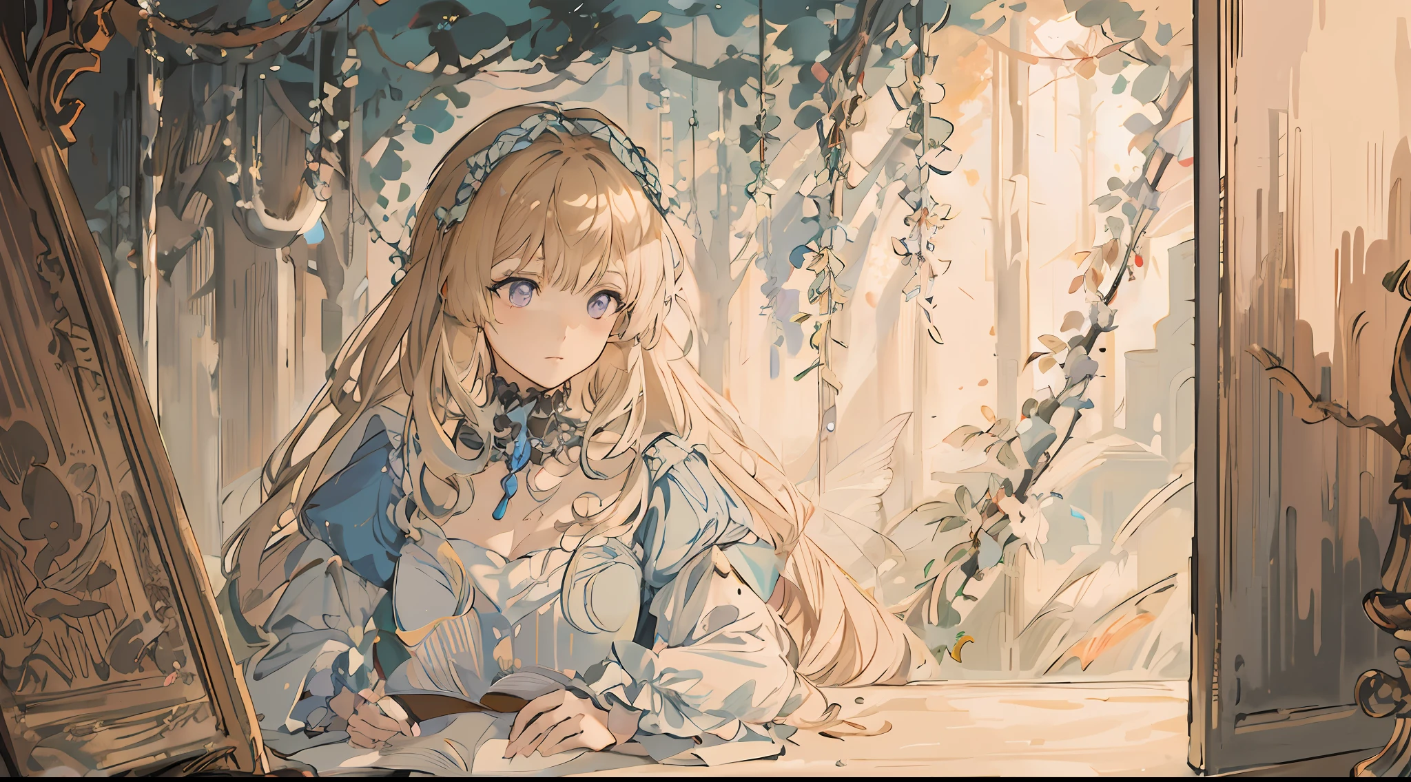 Draw a girl sitting in front of the window looking at a book, Beautiful anime art, a beautiful anime portrait, portrait of lolita, Beautiful anime artwork, beautiful anime art style, zerochan art, a maid in a magical forest, Violet Evergarden, Portrait of an anime girl, detailed anime art, anime illustration, Blonde anime girl with long hair, blond-haired princess