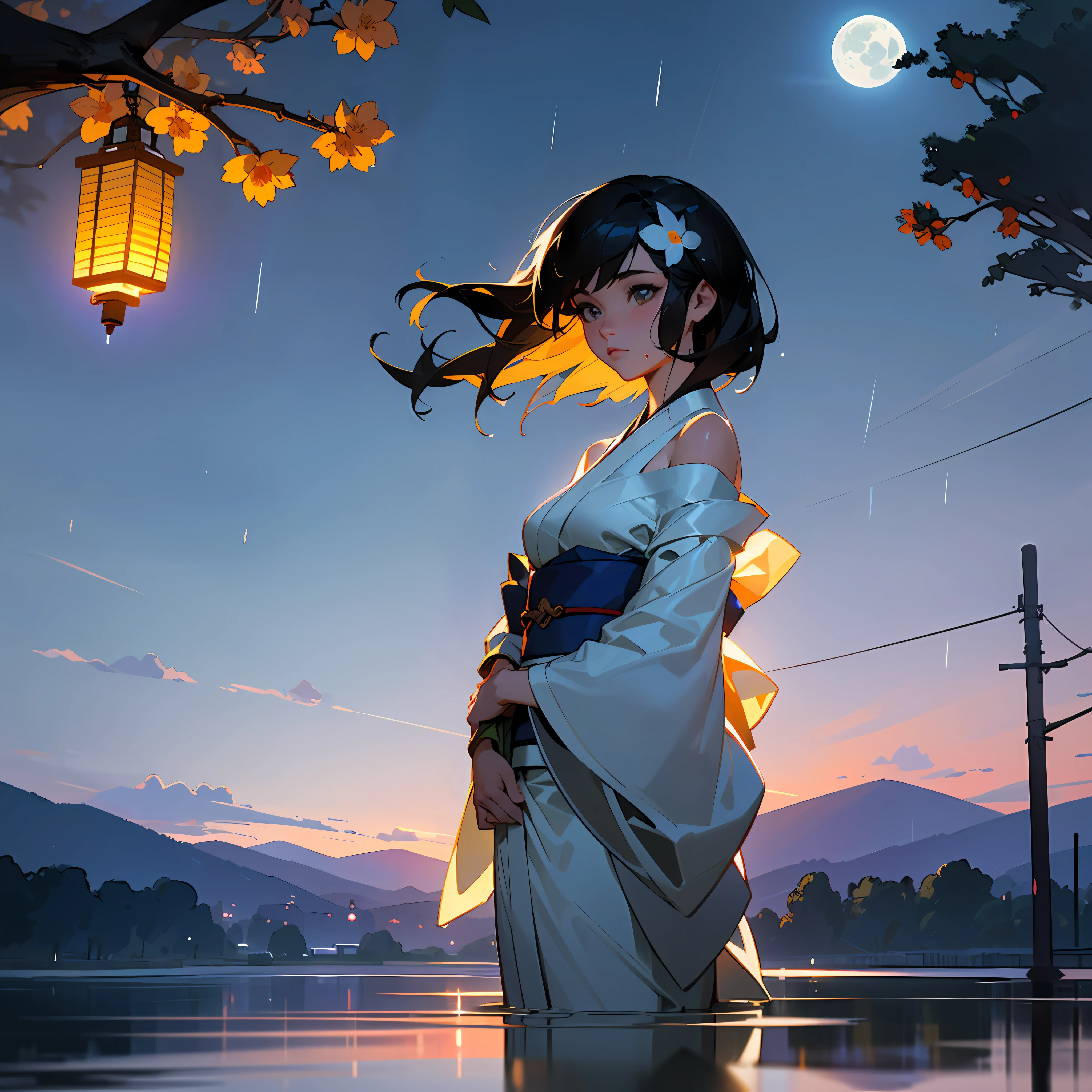 1girl, breasts, moon, lantern, (night), (nighttime), solo, normal breasts, hair ornament, wet, kimono, japanese clothes, wading, water, hair flower, flower, outdoors, sky, full moon, rain, black hair, off shoulder, mountain, cloud, holding, sash, bare shoulders, paper lantern, standing, sheer white kimono with orange flowers, (night sky, beautiful sky, beautiful clouds), sideboob, obi, wet clothes, bangs, tree, from side, reflection, short hair, cloudy sky, wet hair, (extremely detailed CG unity 8k wallpaper),best quality,,solo,1girl,cinematic lighting,detailed background,beautiful detailed eyes,bright pupils, (an extremely delicate and beautiful),(Beautiful and detailed eyes)(ultra-detailed,masterpiece), perfect body, volumetric lighting, subsurface scattering, perfect lighting, perfect shading, (2d), (photorealistic:1.5), (mature adult:1.5)
(((art by adam hughes)))
(masterpiece, award winning, best quality:1.3), --auto