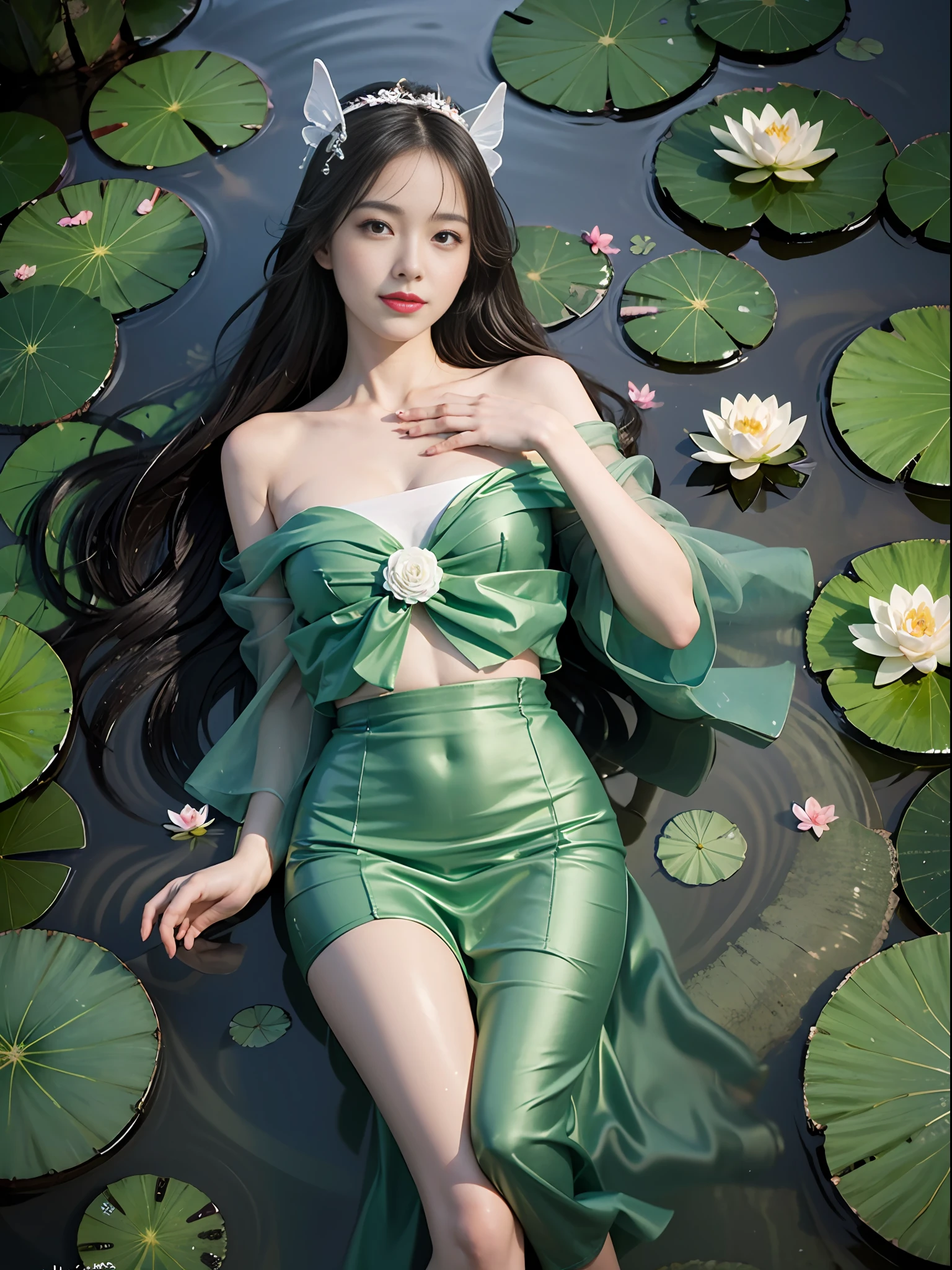 1girl,light smile,(green dress),(lotus pond),(lily pads),(lotus flowers:1.3),(butterfly:1.4), (paper fan), (floating leaves),(wind), (lying), (transparent water:1.1),(moonlight:1.3),(peaceful atmosphere:1.4), (wide shot),(from above),(green theme:1.2), She lying in the center of the lotus pond,  smile, smirk, glint, red lips, The girl wearing a beautiful Hanfu, perfectly matched with the surrounding scenery.   The beautiful night, the moonlight reflected in the water, creating a calm atmosphere.   From above, the viewer can see the lily pads and lotus flowers that surround her, there are mysterious light under water illuminating the fish swimming elegantly around her.   Many blue butterflies dancing around the girl, The green theme dominates the scene, with shades of emerald and jade that highlight the natural beauty of the pond.   The rippling water and moonlight add to the tranquil mood, making it the perfect spot for relaxation and reflection.