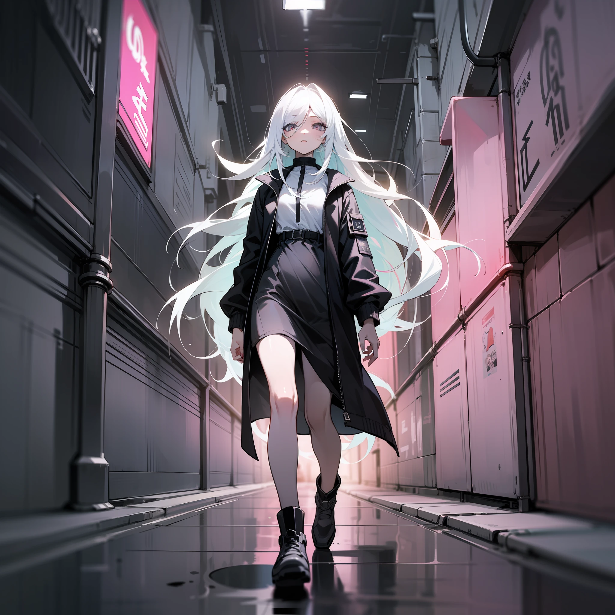 (巨作) Poster Street Style Black and White Style Representation Ruined Underground Street Cybertent Depicts a girl with long white hair walking at night with shiny eyes and rich hair details