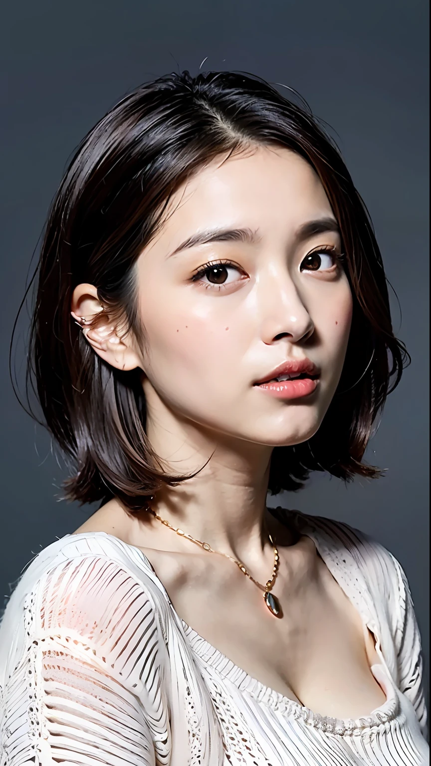 (beste-Qualit、8K、32K、masterpiece、ep7:1.2)、Photo of a cute Japanese woman、big chest out、very short bobbed hair、Upper body body、sface focus、Oversized_Sweaters、a necklace、simple background、From above、looking at the viewers、、((Thick hair all over the body))