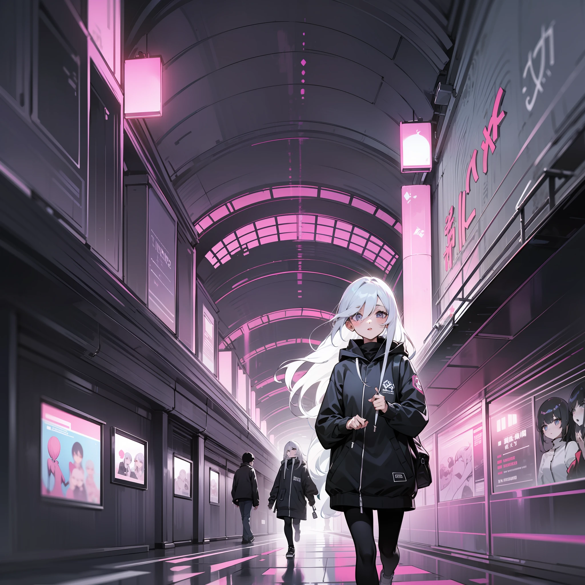 (巨作) Poster Street Style Black and White Style Representation Ruined Underground Street Cybertent Depicts a girl with long white hair walking at night with shiny eyes and rich hair details