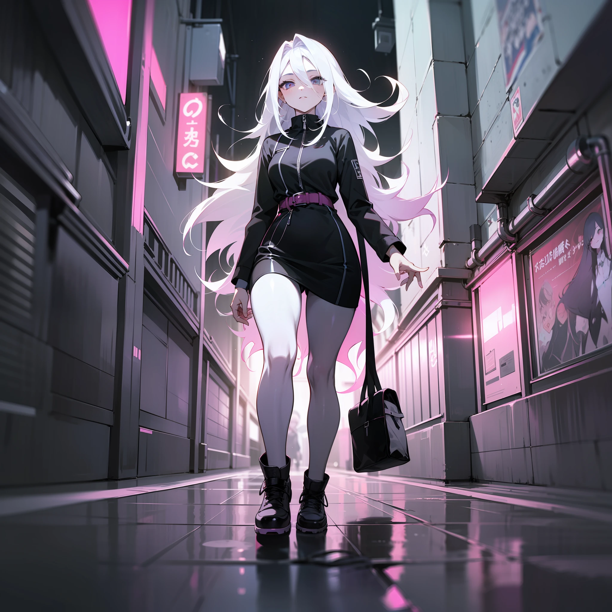 (巨作) Poster Street Style Black and White Style Representation Ruined Underground Street Cybertent Depicts a girl with long white hair walking at night with shiny eyes and rich hair details