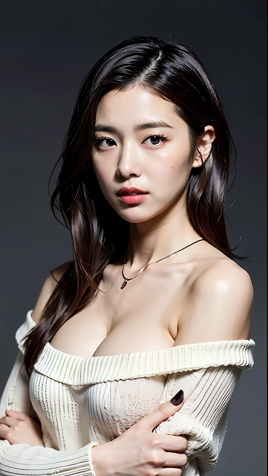 (beste-Qualit、8K、32K、masterpiece、ep7:1.2)、Photo of a cute Japanese woman、big chest out、very short bobbed hair、Upper body body、sface focus、Oversized_Sweaters、a necklace、simple background、From above、looking at the viewers、、((Thick hair all over the body))