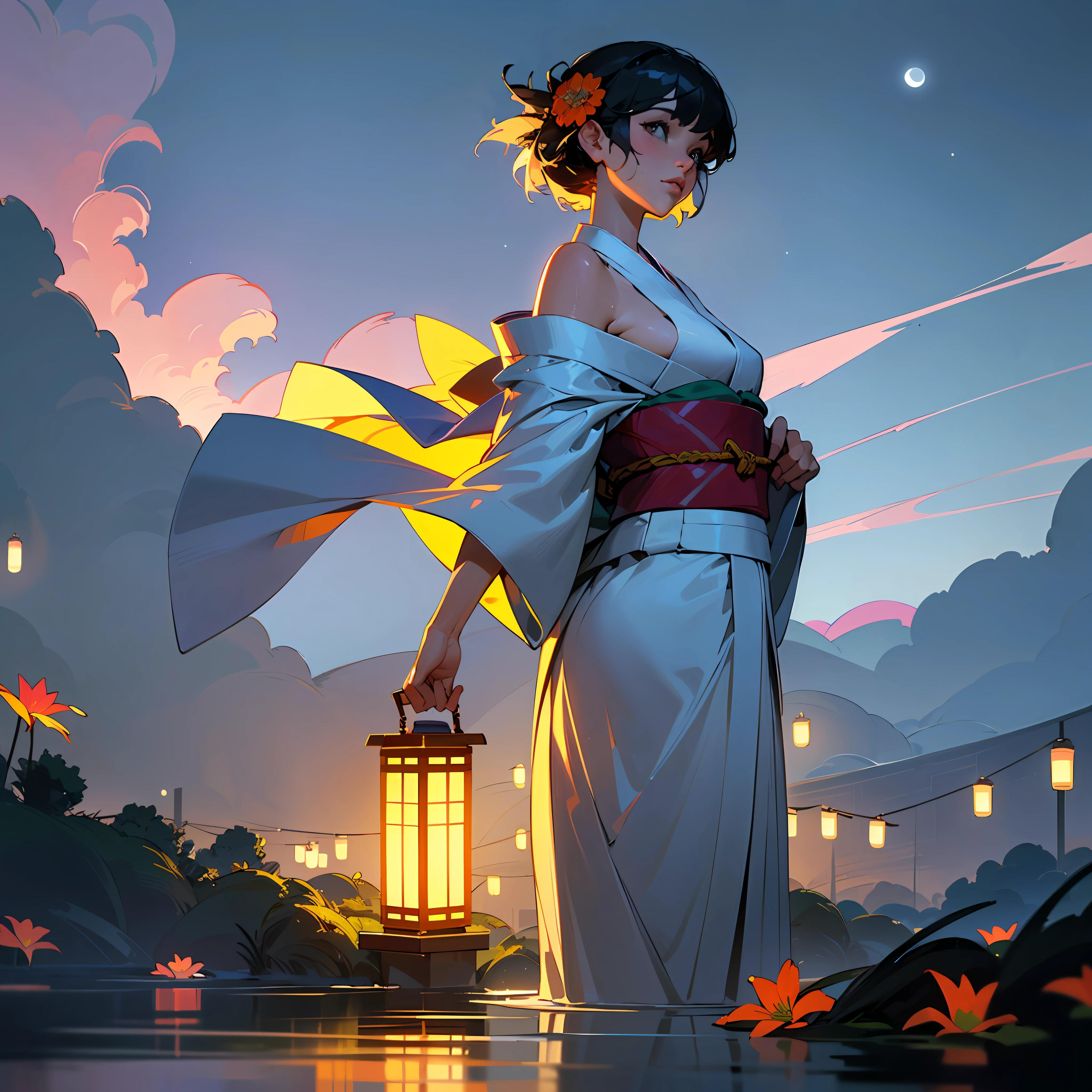 1girl, breasts, moon, lantern, (night), (nighttime), solo, normal breasts, hair ornament, wet, kimono, japanese clothes, wading, water, hair flower, flower, outdoors, sky, full moon, rain, black hair, off shoulder, mountain, cloud, holding, sash, bare shoulders, paper lantern, standing, sheer white kimono with orange flowers, (night sky, beautiful sky, beautiful clouds), sideboob, obi, wet clothes, bangs, tree, from side, reflection, short hair, cloudy sky, wet hair, (extremely detailed CG unity 8k wallpaper),best quality,,solo,1girl,cinematic lighting,detailed background,beautiful detailed eyes,bright pupils, (an extremely delicate and beautiful),(Beautiful and detailed eyes)(ultra-detailed,masterpiece), perfect body, volumetric lighting, subsurface scattering, perfect lighting, perfect shading, (2d), (photorealistic:1.5), (mature adult:1.5)
(((art by adam hughes)))
(masterpiece, award winning, best quality:1.3), --auto