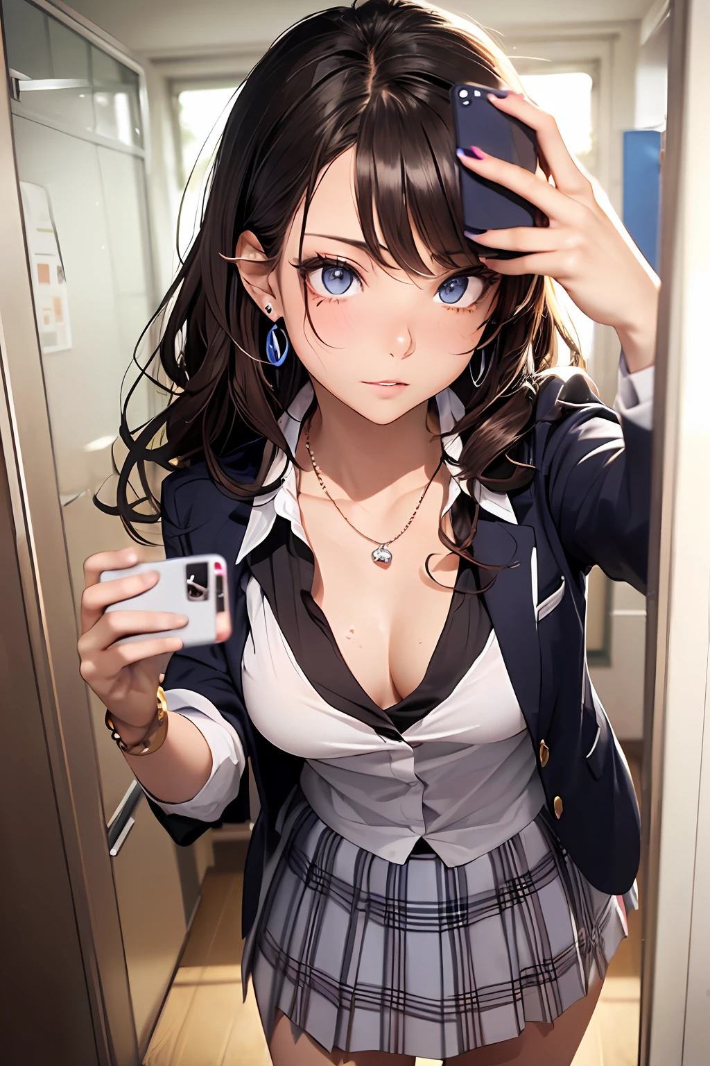 (masutepiece: 1.3), (max resolution: 1.2), (Ultra HDTV: 1.2), cinema lite, Ultra HDTV, (Detailed eyes and skin), (detailed facial features), ultgp, 8K resolution, Sharp Focus: 1.2, Perfect Style, Beautiful Face, accurate, Anatomically correct, Highly detailed face and skin texture, Detailed eyes, Dark-blue eyes, Double eyelids, Thin eyebrows, dropping eyes, (Glitter Eyeliner:1.2), Natural cheeks, Glossy skin, (Fair skin:1.2), shiny necklace and earrings, (Glossy lips: 1.4), break, absurderes, One-person viewpoint, (she is high school Student), (Wearing a Button up shirt, blazer, Pleated mini skirt), (Sexy collarbone:1.2), (worried face: 1.2), (Staring at the viewer), ((Innocent and very cute girl:1.3)), (Layered hairstyle, Wavy Hair), (Dark brown hair:1.2), Medium Long Hair, (Full body shot: 1.2), Focus on Face, medium large breasts, ((Selfie Pose on Instagram:1.4)), ((In the school Changing room)),