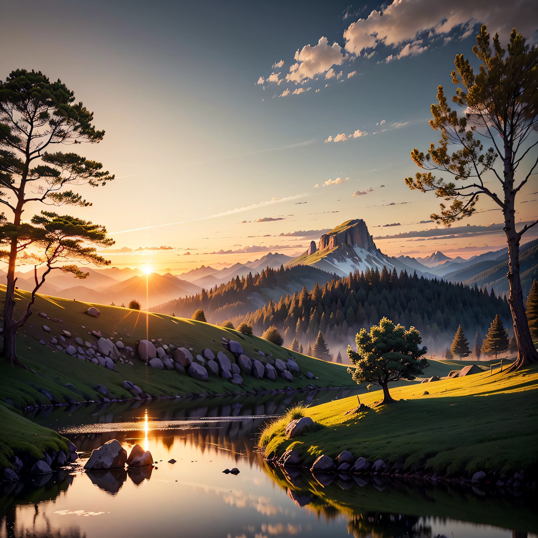 Foto em 16:9 of a magnificent sunset over a mountainous landscape, where the high peaks are bathed in a golden light and the sky is painted with soft shades of orange and pink. The clouds extend in dramatic shapes, criando uma cena deslumbrante e serena. No primeiro plano, There is a tranquil lake reflecting the beauty of the sky, while silhouetted trees add a touch of mystery to the landscape. The balanced composition and vastness of nature captured in this aspect ratio of 16:9 convey a sense of calm and wonder at the grandeur of the natural setting. --auto