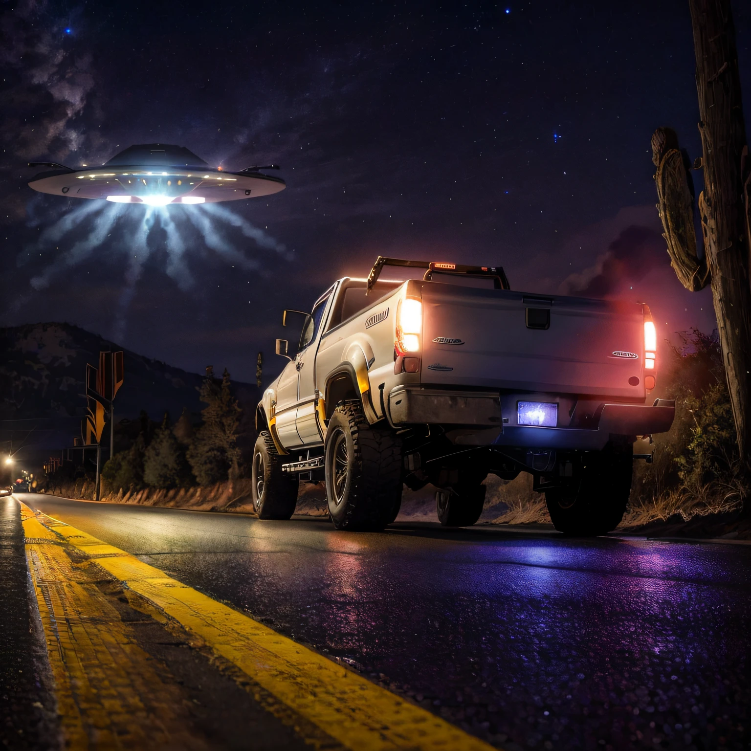 Pickup truck stopped watching UFO on black asphalt road at night, Imagem 8k, ultra detalhada,