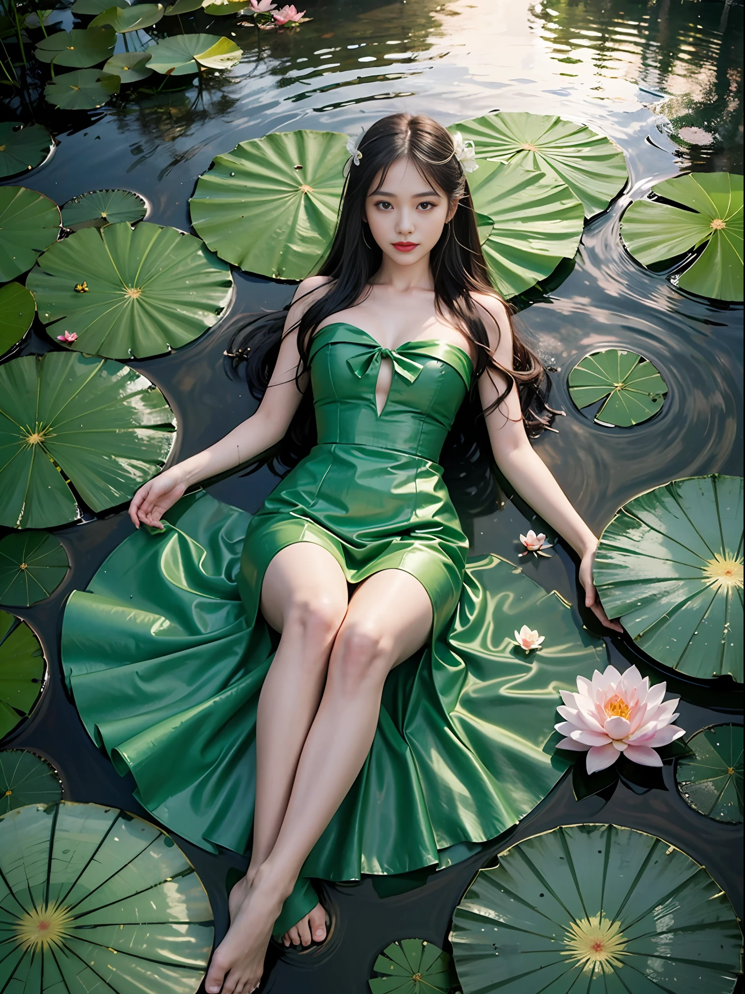 1girl,light smile,(green dress),(lotus pond),(lily pads),(lotus flowers:1.3),(butterfly:1.4), (paper fan), (floating leaves),(wind), (lying), (transparent water:1.1),(moonlight:1.3),(peaceful atmosphere:1.4), (wide shot),(from above),(green theme:1.2), She lying in the center of the lotus pond,  smile, smirk, glint, red lips, The girl wearing a beautiful Hanfu, perfectly matched with the surrounding scenery.   The beautiful night, the moonlight reflected in the water, creating a calm atmosphere.   From above, the viewer can see the lily pads and lotus flowers that surround her, there are mysterious light under water illuminating the fish swimming elegantly around her.   Many blue butterflies dancing around the girl, The green theme dominates the scene, with shades of emerald and jade that highlight the natural beauty of the pond.   The rippling water and moonlight add to the tranquil mood, making it the perfect spot for relaxation and reflection.