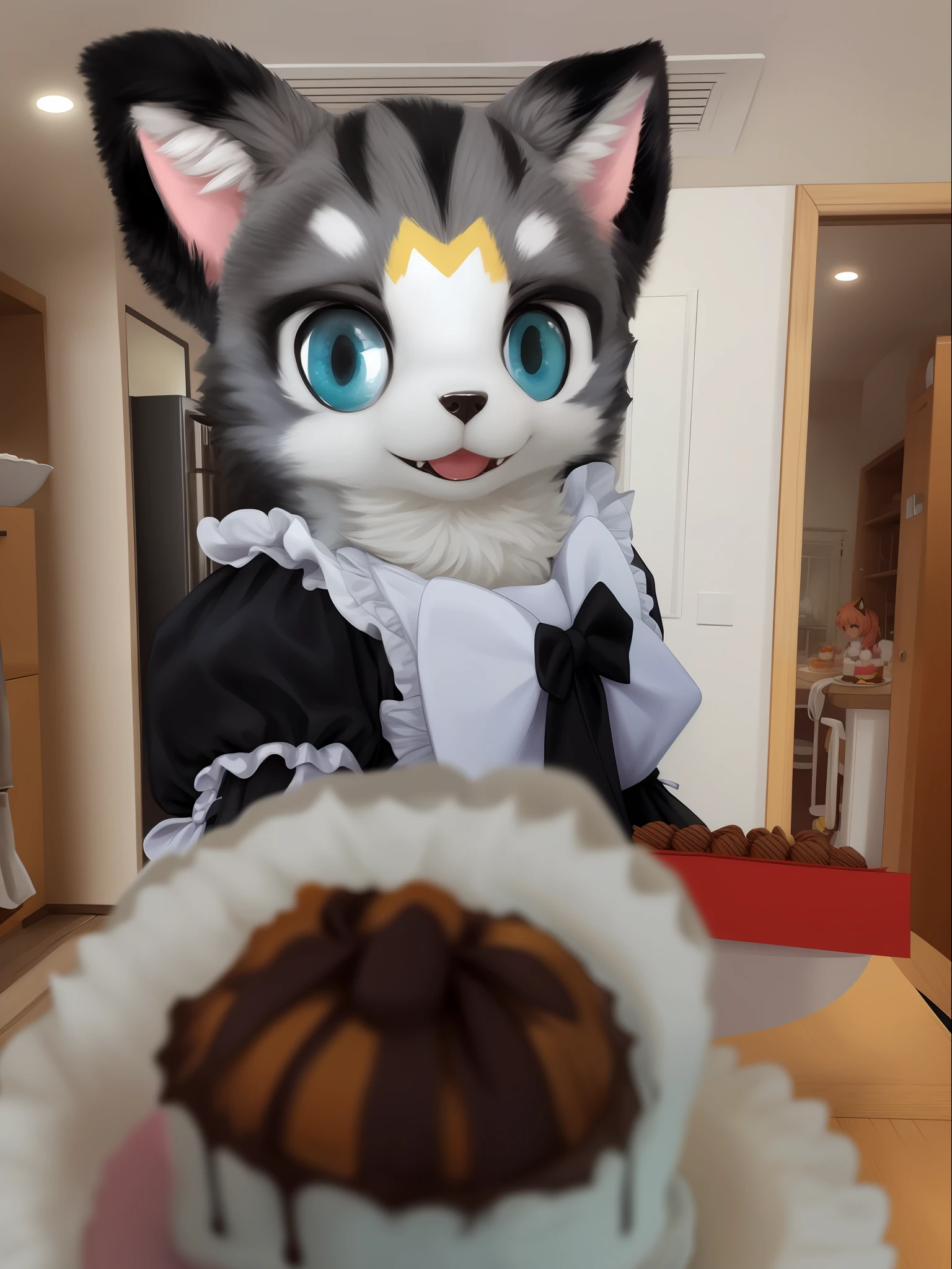 Arapei dressed as a maid，There was a cupcake in front of him, cosplay of a catboy! maid! Dress, anime cat girl in a maid costume, dressed as a pastry chef, about to consume you, Cake in hand, Sora as a cat, fur set, Holo is a wolf girl, !!highly-detailing!!, sfv, Have a cake