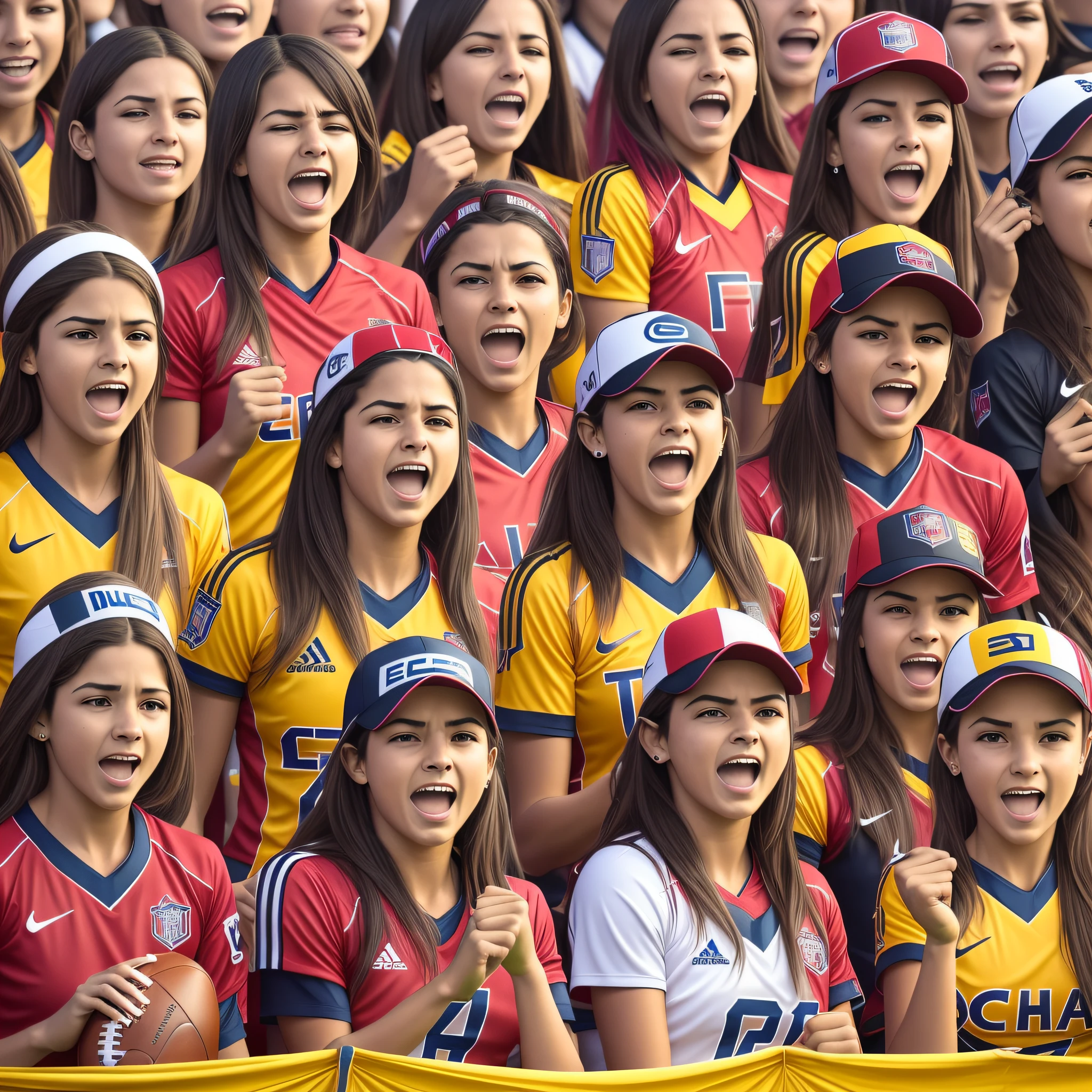 retrate um grupo de torcedoras de futebol femininas, vibrantes e cheias de energia, Celebrating with passion and enthusiasm. Represente mulheres de diferentes idades, etnias e estilos, vestindo as cores e os uniformes de seus times favoritos. Capture the diversity of facial expressions and gestures that reflect the intensity of the moment. Add action elements, como saltos no ar, clenched fists and celebratory hugs, conveying the contagious emotion of sport. Create a sense of togetherness and empowerment, highlighting the strength and determination of these fans. Utilize cores vibrantes e contrastantes, trazendo vida ao ambiente e ressaltando a atmosfera festiva. Acrescente detalhes minuciosos nas vestimentas, bandeiras, props and even on the faces of the fans, para capturar a individualidade de cada personagem. This painting has the potential to convey the passion and connection that football awakens, as well as inspiring and empowering women around the world.