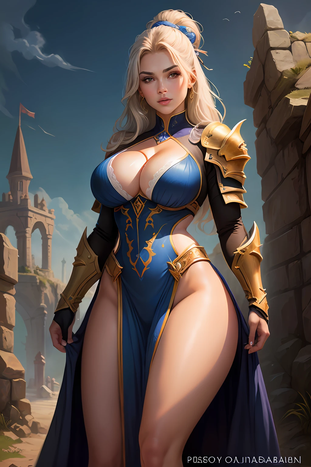 stunningly beautiful Alina Kabaeva face whit Lisa Ann body in her 20 as a Paladin , Full Body, World of Warcraft Inspired Background, WhiteHair .