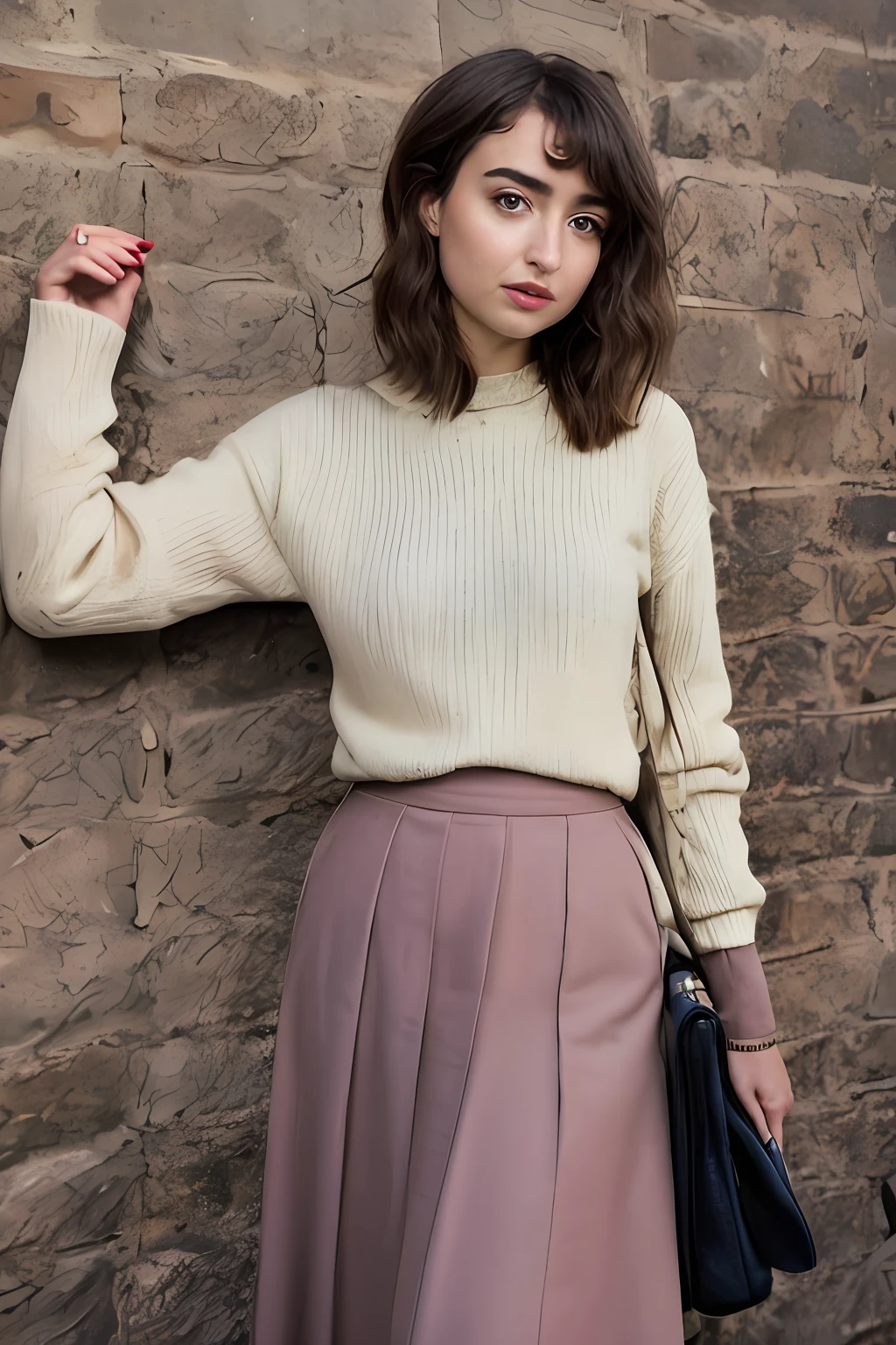 a close up of a woman wearing a pink sweater and a beige skirt, ana de armas portrait, portrait of ana de armas, ana de armas, natalia dyer, imogen poots, imogen poots paladin, ana de armas as joan of arc, imogen poots d&d paladin, rosy cheeks