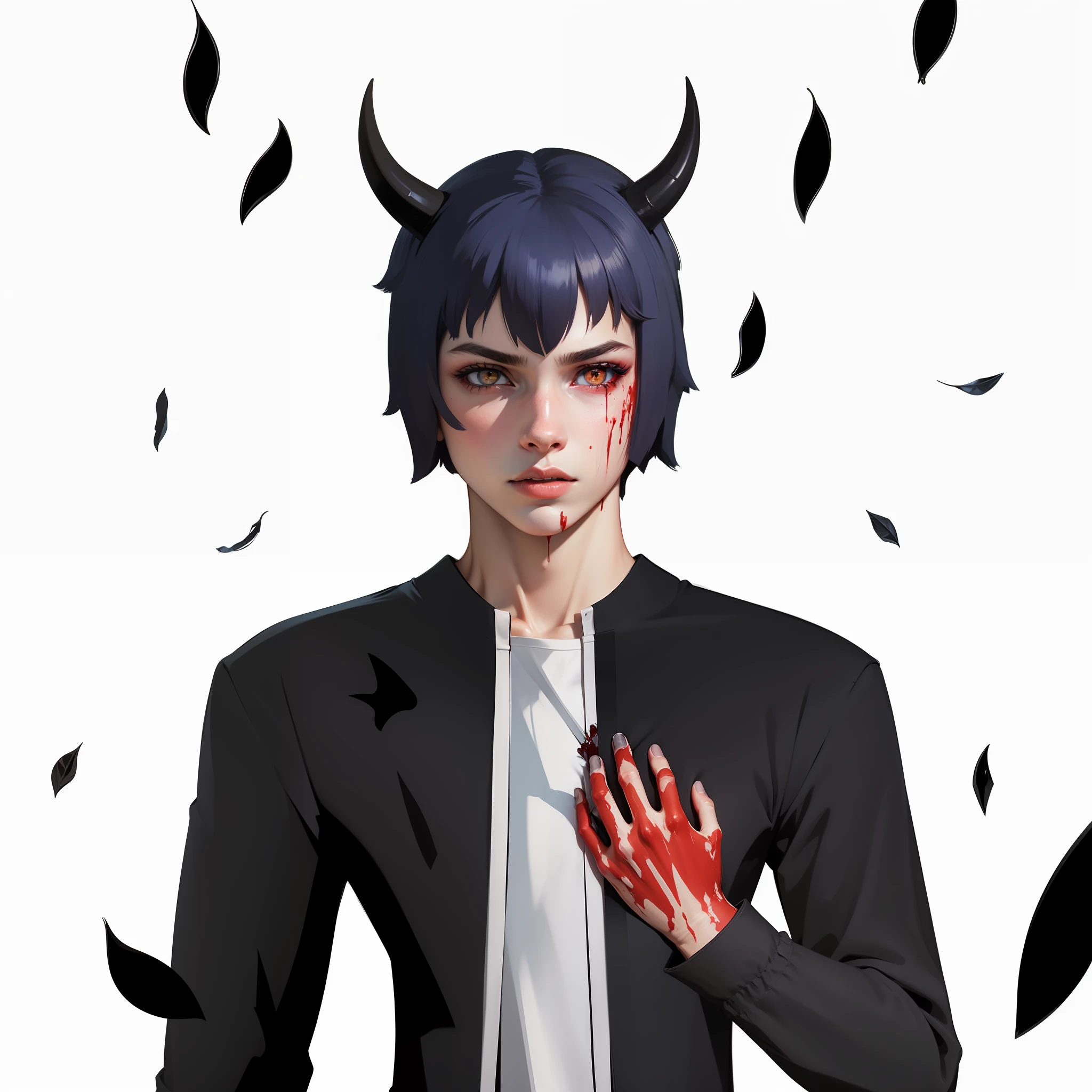 obra prima, melhor qualidade, vida real, state-of-the-art graphics, half demon, adolescente, , blood on the hands, assassino, maligno, esclera preta com os olhos vermelhos, jaqueta preta, chifres pretos