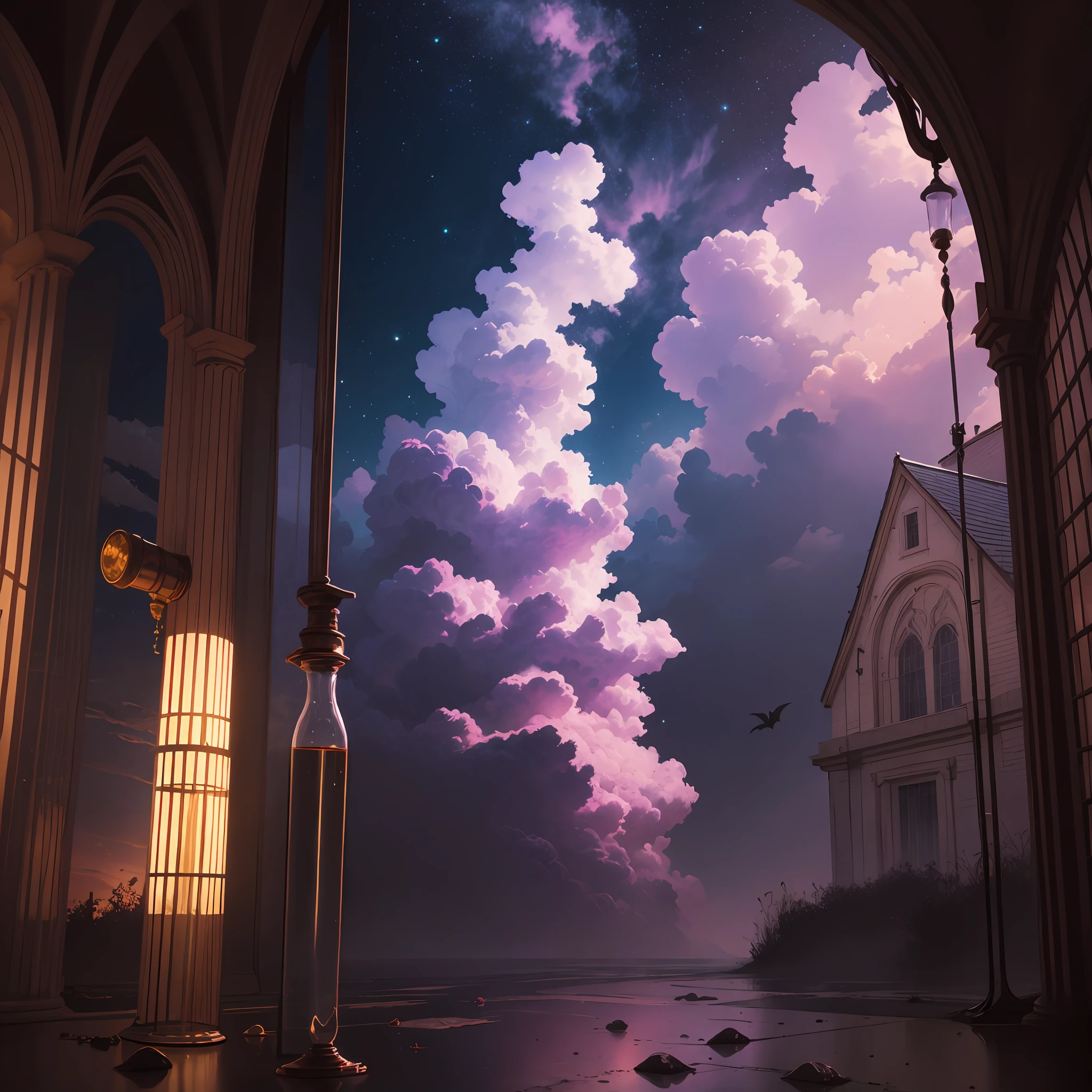 neo-classical, conceptual art, Gothic art, Ray tracing, Sparkle, Ultra-wide angle, kanon, f/4.0, The ultra -The high-definition, 巨作, Best quality, A high resolution, Award-Awarded, 16k,Alchemy,steampunc,Suspended broom,the bats,Suspended vials,dreamy sky,Pinkish-purple clouds,