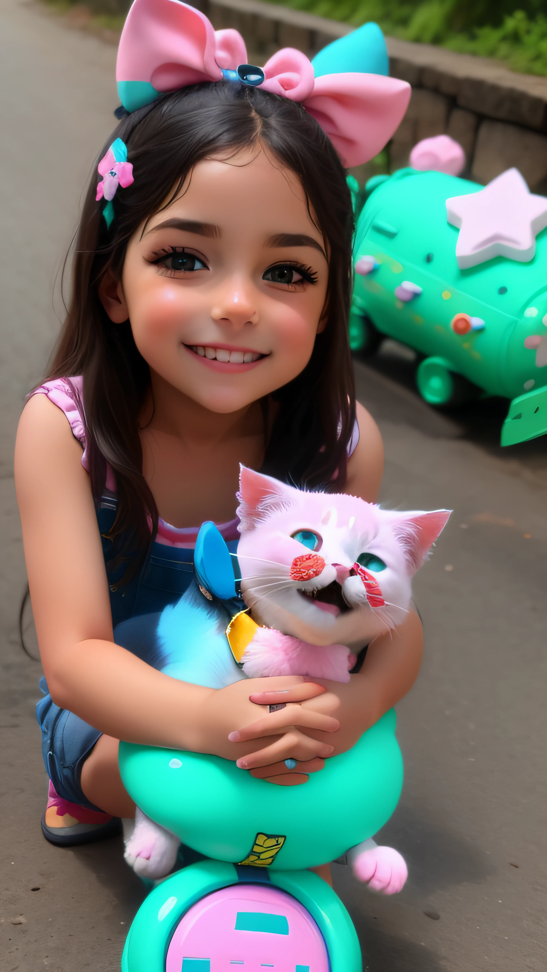 Arafed ****** sentada em um carro de brinquedo com um gato e porquinho, foto comercial do brinquedo, cute features, brinquedo bonito, pacote de brinquedos, very cute features, childrens toy, foto do brinquedo, fully posable, fofo, super cute and friendly, design do brinquedo, cute colorful adorable, Foto tirada com Nikon D750, Foto tirada com Nikon D 7 5 0 --auto