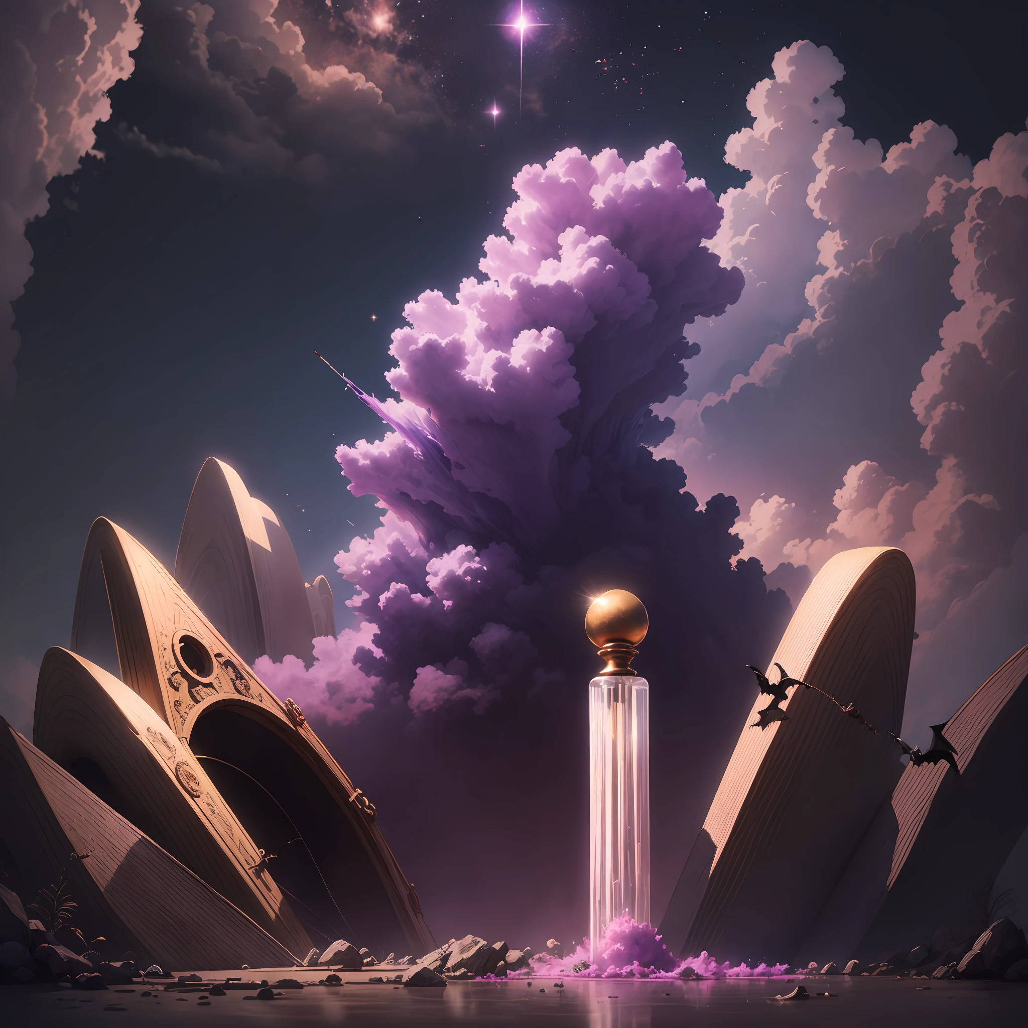 neo-classical, conceptual art, Gothic art, Ray tracing, Sparkle, Ultra-wide angle, kanon, f/4.0, The ultra -The high-definition, 巨作, Best quality, A high resolution, Award-Awarded, 16k,Alchemy,steampunc,Suspended broom,the bats,Suspended vials,dreamy sky,Pinkish-purple clouds,