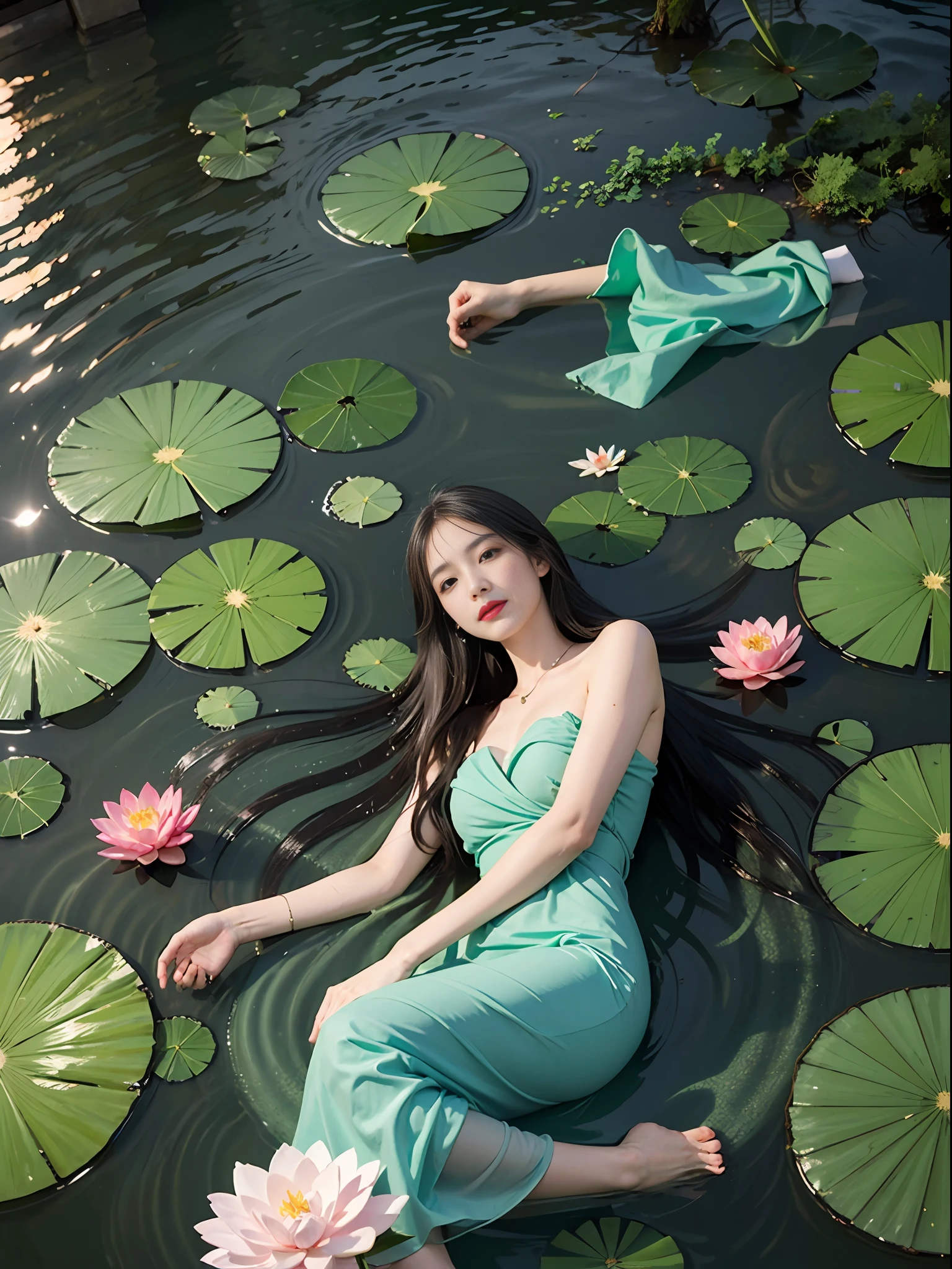 1girl,light smile,(green dress),(lotus pond),(lily pads),(lotus flowers:1.3),(butterfly:1.4), (paper fan), (floating leaves),(wind), (lying), (transparent water:1.1),(moonlight:1.3),(peaceful atmosphere:1.4), (wide shot),(from above),(green theme:1.2), She lying in the center of the lotus pond, smile, smirk, glint, red lips, The girl wearing a beautiful Hanfu, perfectly matched with the surrounding scenery. The beautiful night, the moonlight reflected in the water, creating a calm atmosphere. From above, the viewer can see the lily pads and lotus flowers that surround her, there are mysterious light under water illuminating the fish swimming elegantly around her. Many blue butterflies dancing around the girl, The green theme dominates the scene, with shades of emerald and jade that highlight the natural beauty of the pond. The rippling water and moonlight add to the tranquil mood, making it the perfect spot for relaxation and reflection.