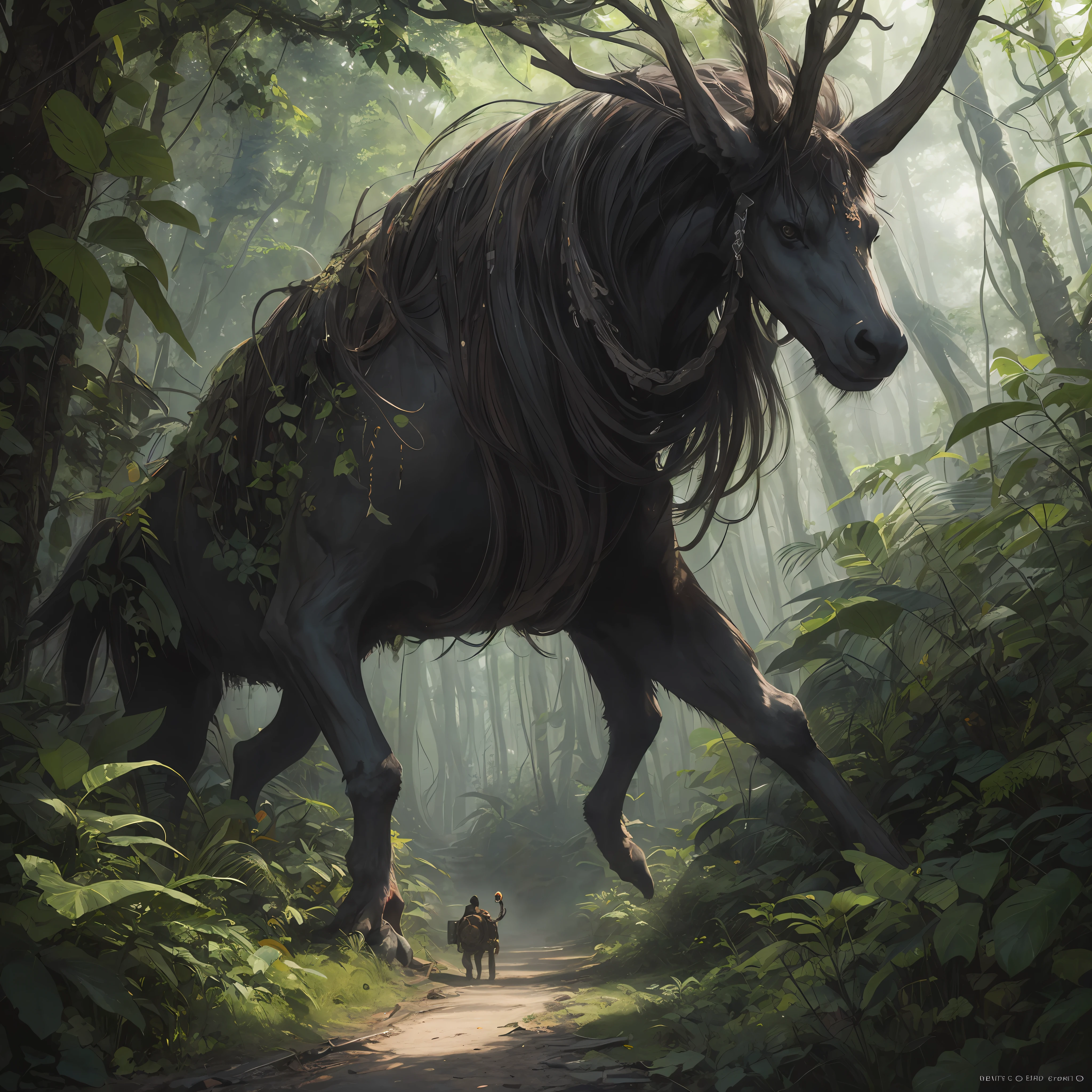 A detailed and intricate digital illustration of a dense jungle full of exotic flora and fauna, with sunlight filtering through the canopy creating a dappled effect. Yoshitaka Amano and Hayao Miyazaki's style, masterpieces, proportions, details, art station trends, beautiful lighting, realistic, intricate, award winning, 4k, highest quality award winning, 4K digital painting in the style of Yoshitaka Amano. A detailed and intricate depiction of the zombie apocalypse, masterfully capturing the chaos and drama of the scene. Beautiful lighting and cinematic composition make this piece a true masterpiece, trending on artstation