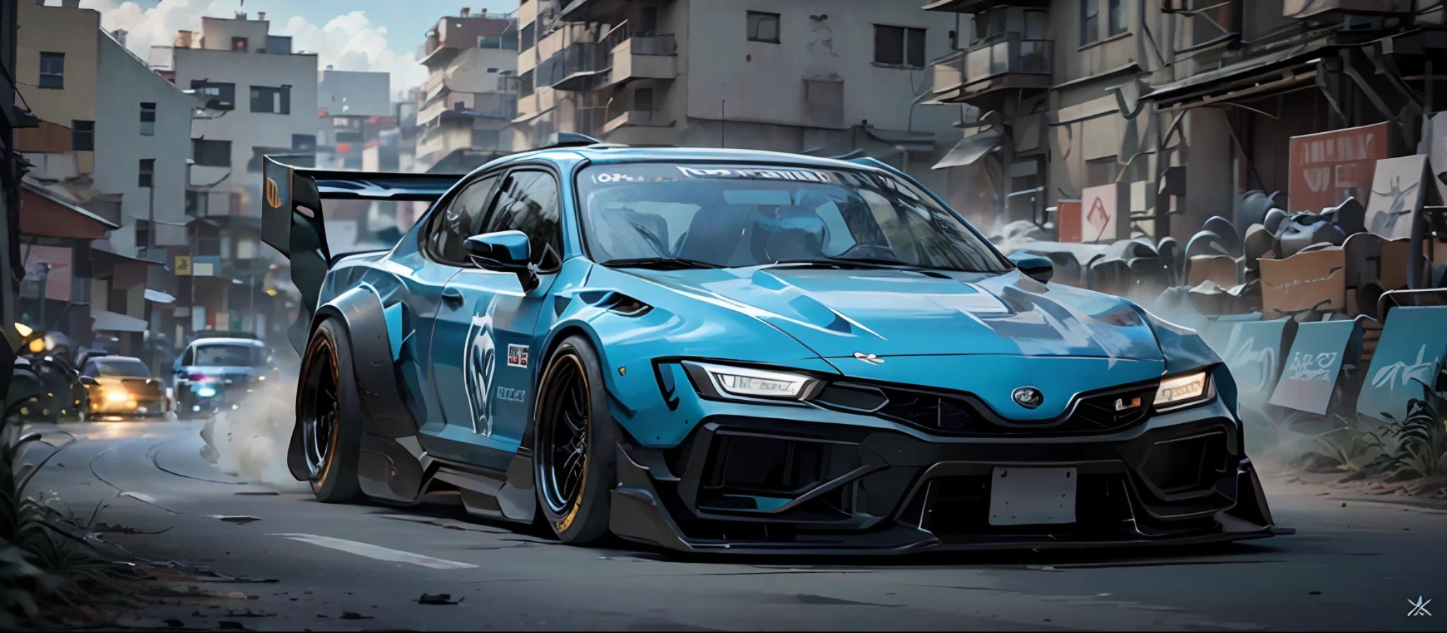 "(Corolla sedan 2022:1.3) Racing at high speed with an amazing blue glow effect that lights up the track, surrounded by an explosion of intense and vibrant colors."