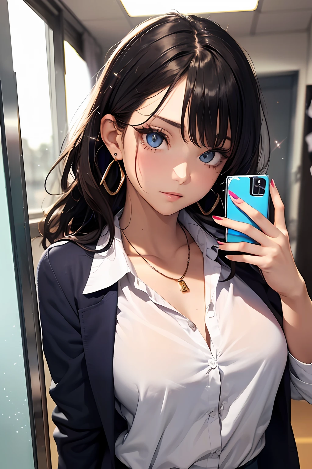 (masutepiece: 1.3), (max resolution: 1.2), (Ultra HDTV: 1.2), cinema lite, Ultra HDTV, (Detailed eyes and skin), (detailed facial features), ultgp, 8K resolution, Sharp Focus: 1.2, Perfect Style, Beautiful Face, accurate, Anatomically correct, Highly detailed face and skin texture, Detailed eyes, Dark-blue eyes, Double eyelids, Thin eyebrows, dropping eyes, (Glitter Eyeliner:1.2), Natural cheeks, Glossy skin, (Fair skin:1.2), shiny necklace and earrings, (Glossy lips: 1.4), break, absurderes, One-person viewpoint, (she is high school Student), (Wearing a Button up shirt, blazer, Pleated mini skirt), (Sexy collarbone:1.2), (worried face: 1.2), (Staring at the viewer), ((Innocent and very cute girl:1.3)), (Layered hairstyle, Wavy Hair), (Dark brown hair:1.2), Medium Long Hair, (Full body shot: 1.2), Focus on Face, medium large breasts, ((Posing for a selfie while changing clothes on Instagram:1.4)), ((In the school Changing room)),