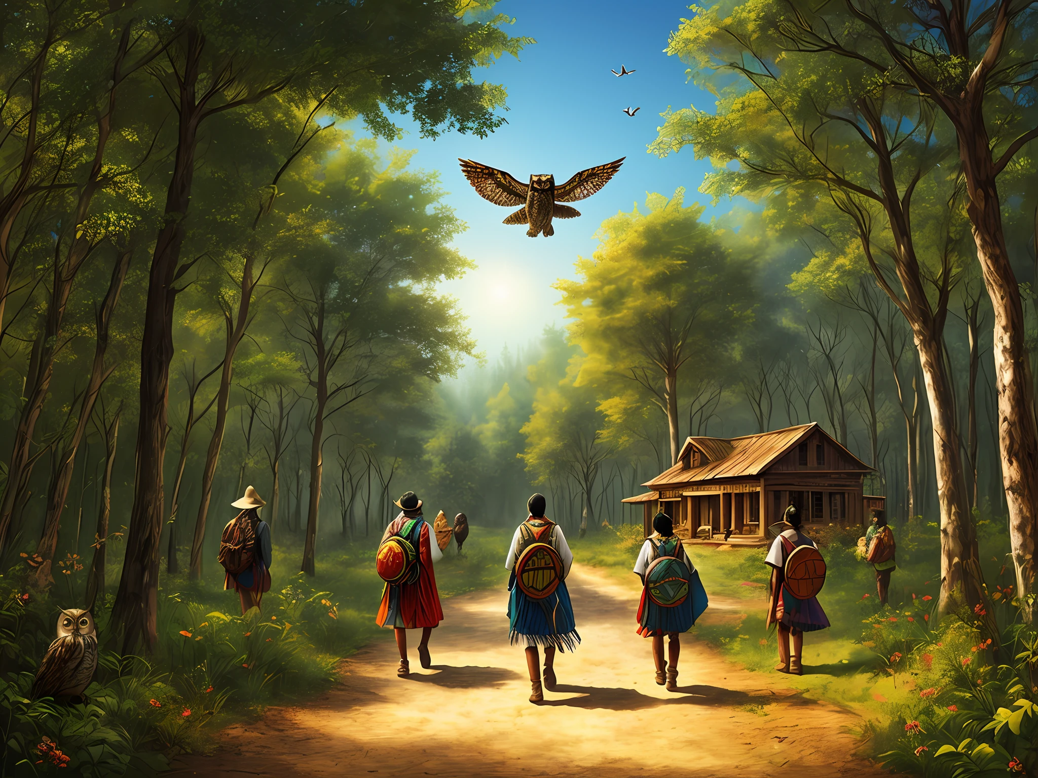 Digital art of Indigenous people in the forest with buildings and owls flying