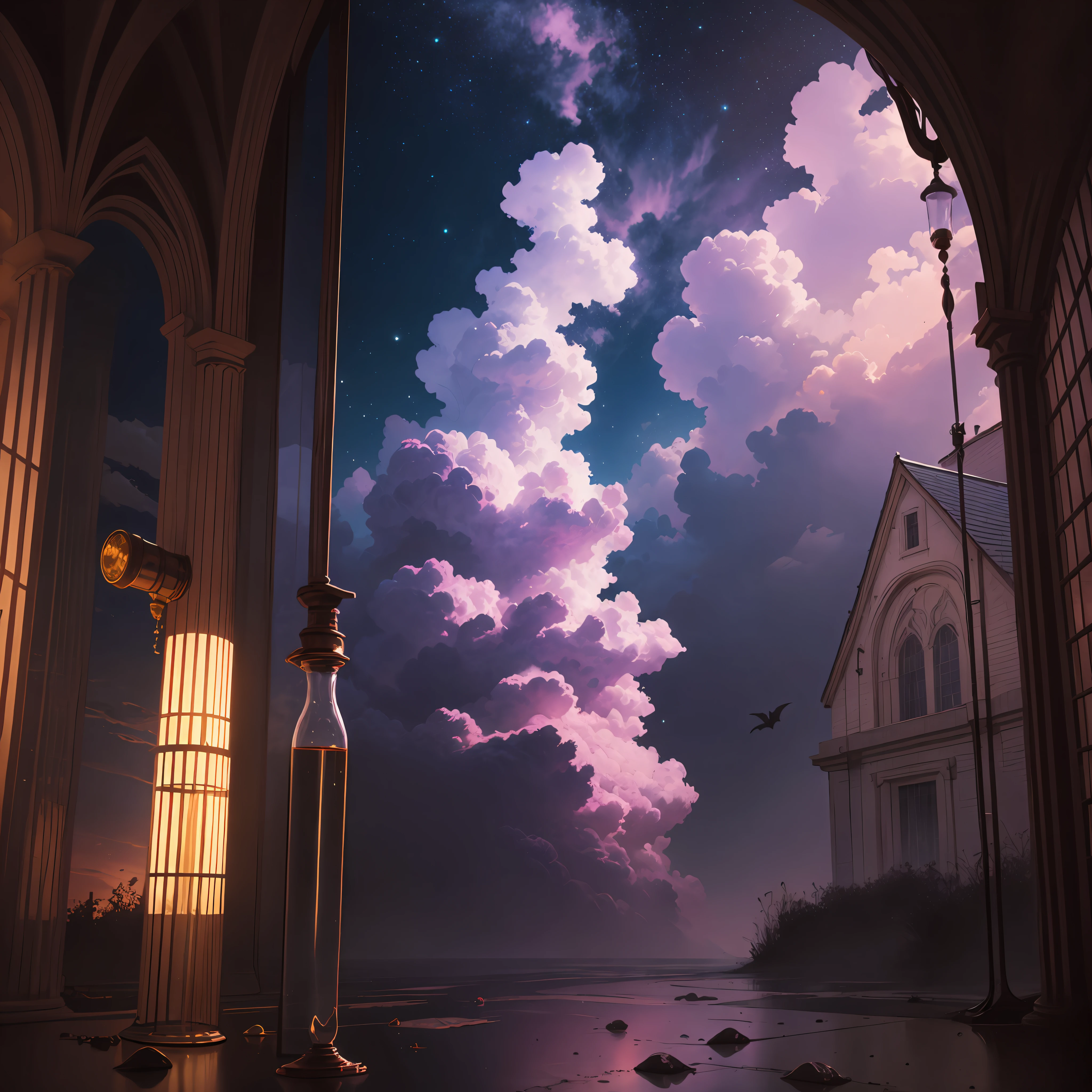 neo-classical, conceptual art, Gothic art, Ray tracing, Sparkle, Ultra-wide angle, kanon, f/4.0, The ultra -The high-definition, 巨作, Best quality, A high resolution, Award-Awarded, 16k，Alchemy，steampunc，Suspended broom，the bats，Suspended vials，dreamy sky，Pinkish-purple clouds，