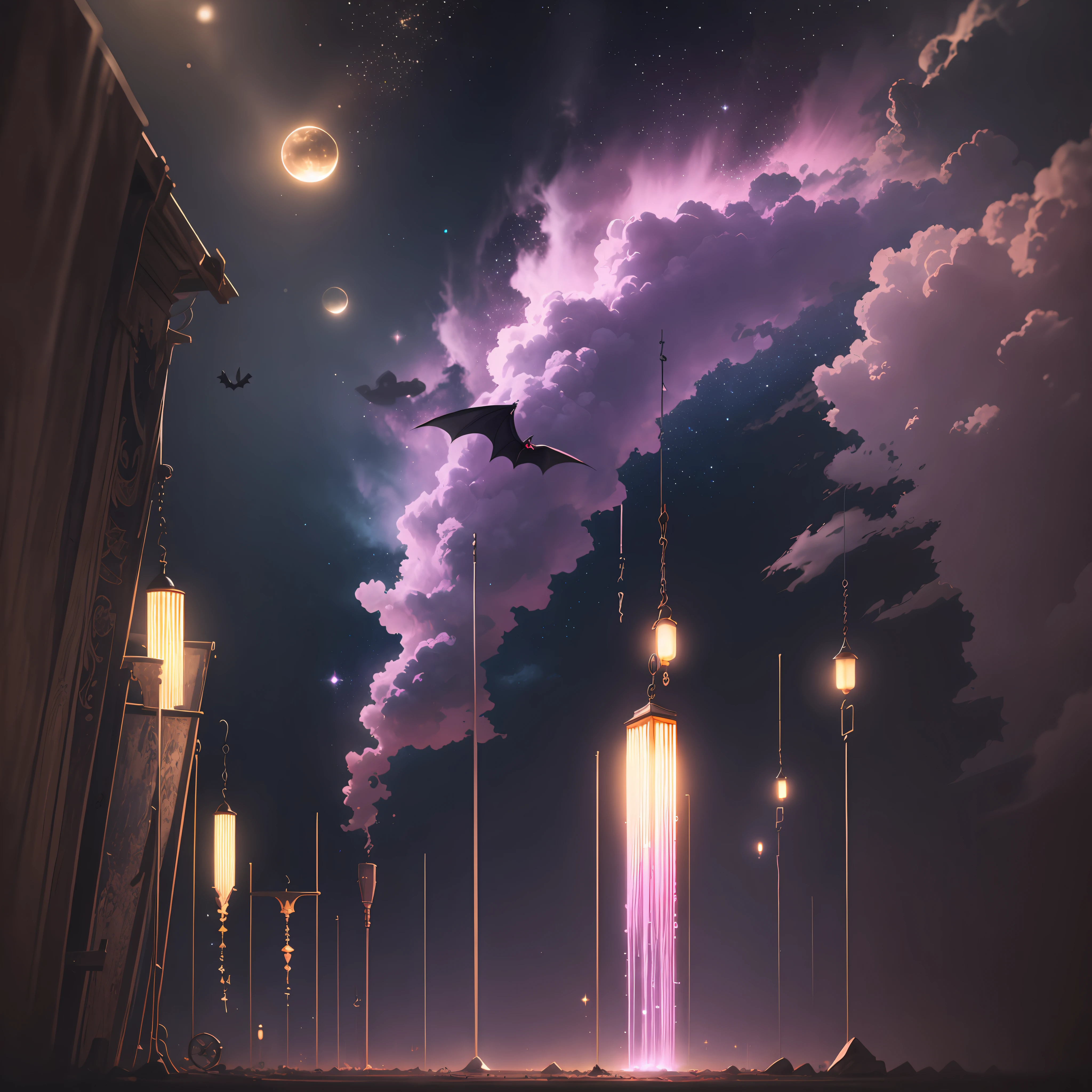 neo-classical, conceptual art, Gothic art, Ray tracing, Sparkle, Ultra-wide angle, kanon, f/4.0, The ultra -The high-definition, 巨作, Best quality, A high resolution, Award-Awarded, 16k，Alchemy，steampunc，Suspended broom，the bats，Suspended vials，dreamy sky，Pinkish-purple clouds，