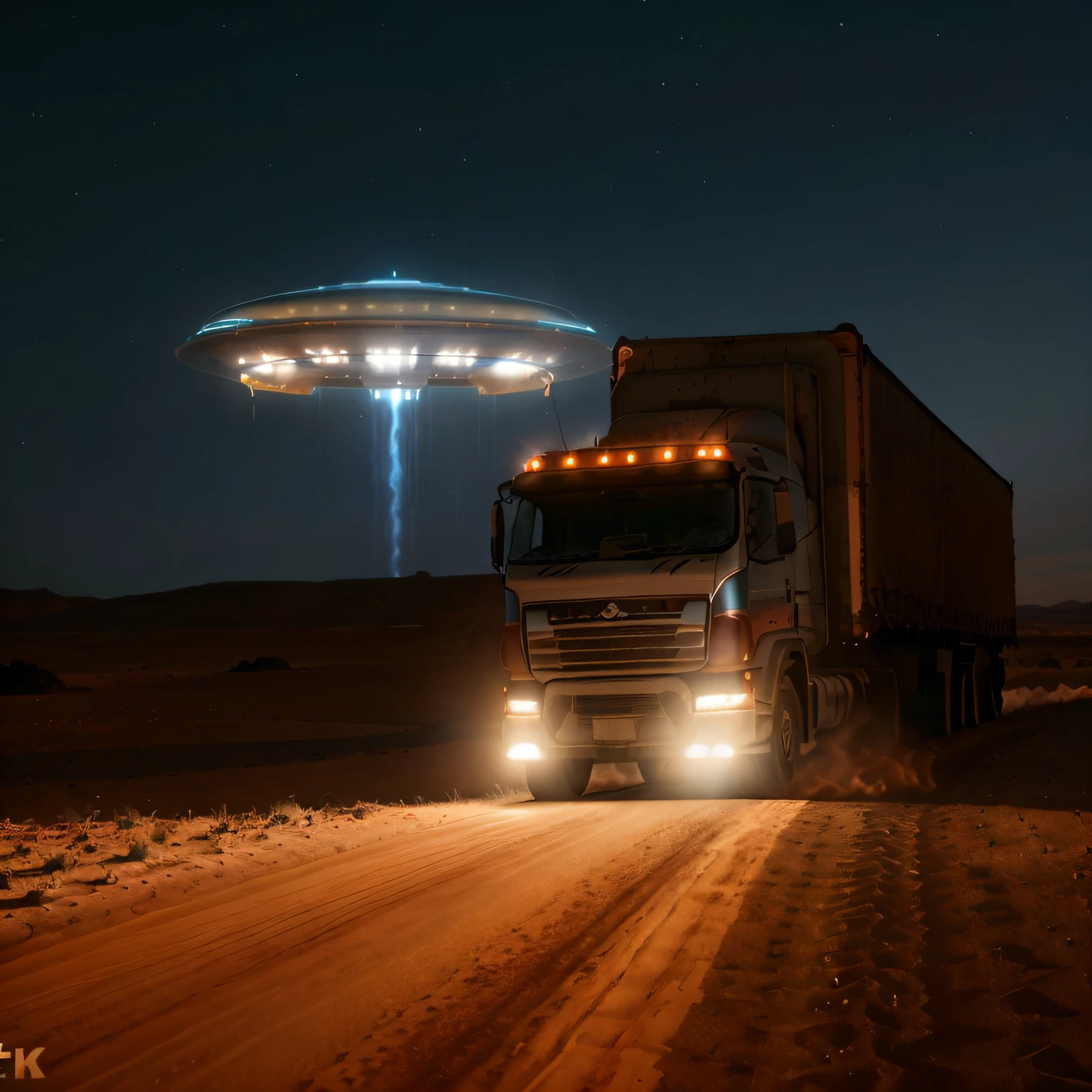 Truck in the desert with UFO following it , imagem ultra detalhada 8k