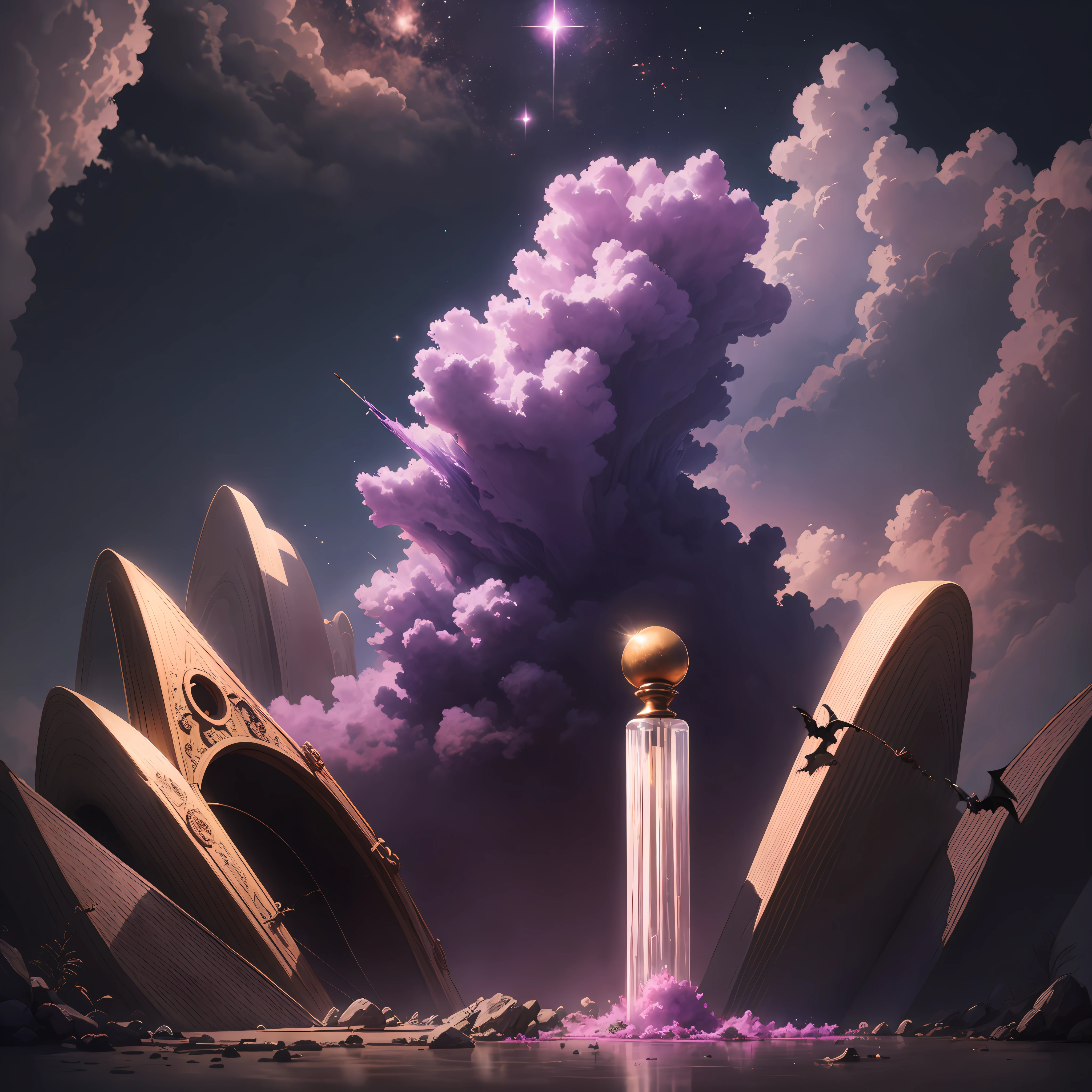 neo-classical, conceptual art, Gothic art, Ray tracing, Sparkle, Ultra-wide angle, kanon, f/4.0, The ultra -The high-definition, 巨作, Best quality, A high resolution, Award-Awarded, 16k，Alchemy，steampunc，Suspended broom，the bats，Suspended vials，dreamy sky，Pinkish-purple clouds，