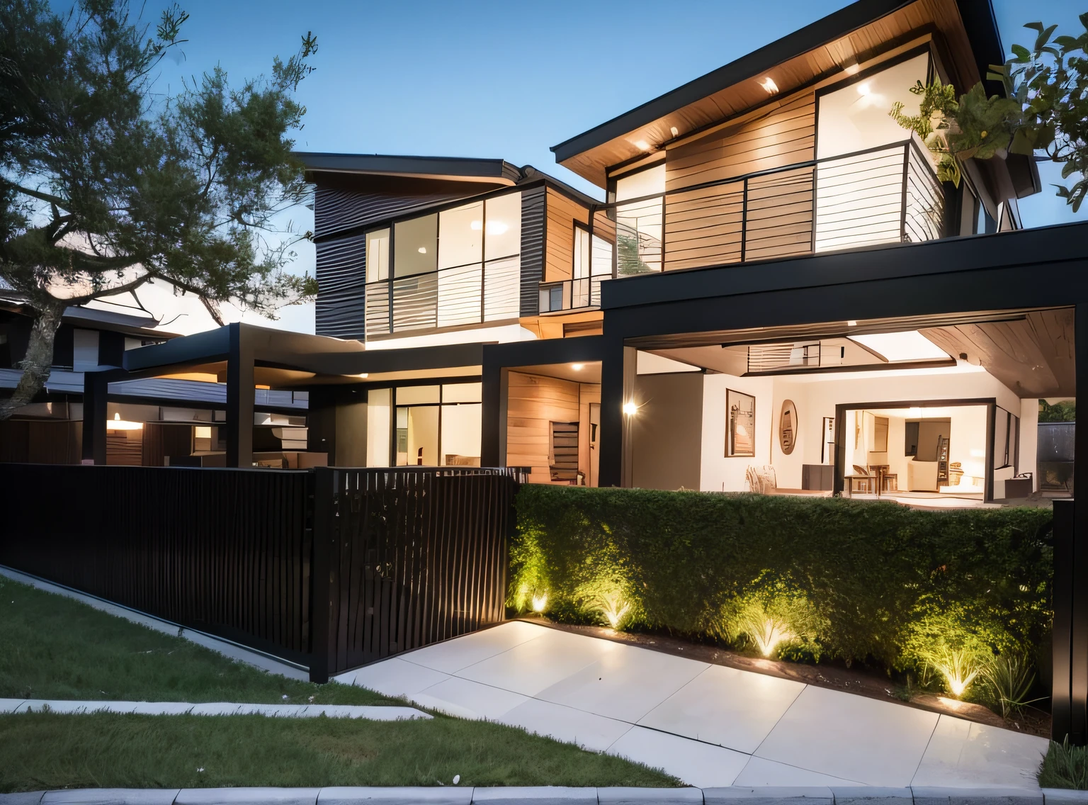 there is a black fence in front of a two story house, Front view, the front view, allure, the front view, external view, casa completa, view from front, residential, Perspective view, Front side view, Front perspective, residential area, mid view, contemporary house, inter dimensional villa, view from ground, seen from the side, view from ground