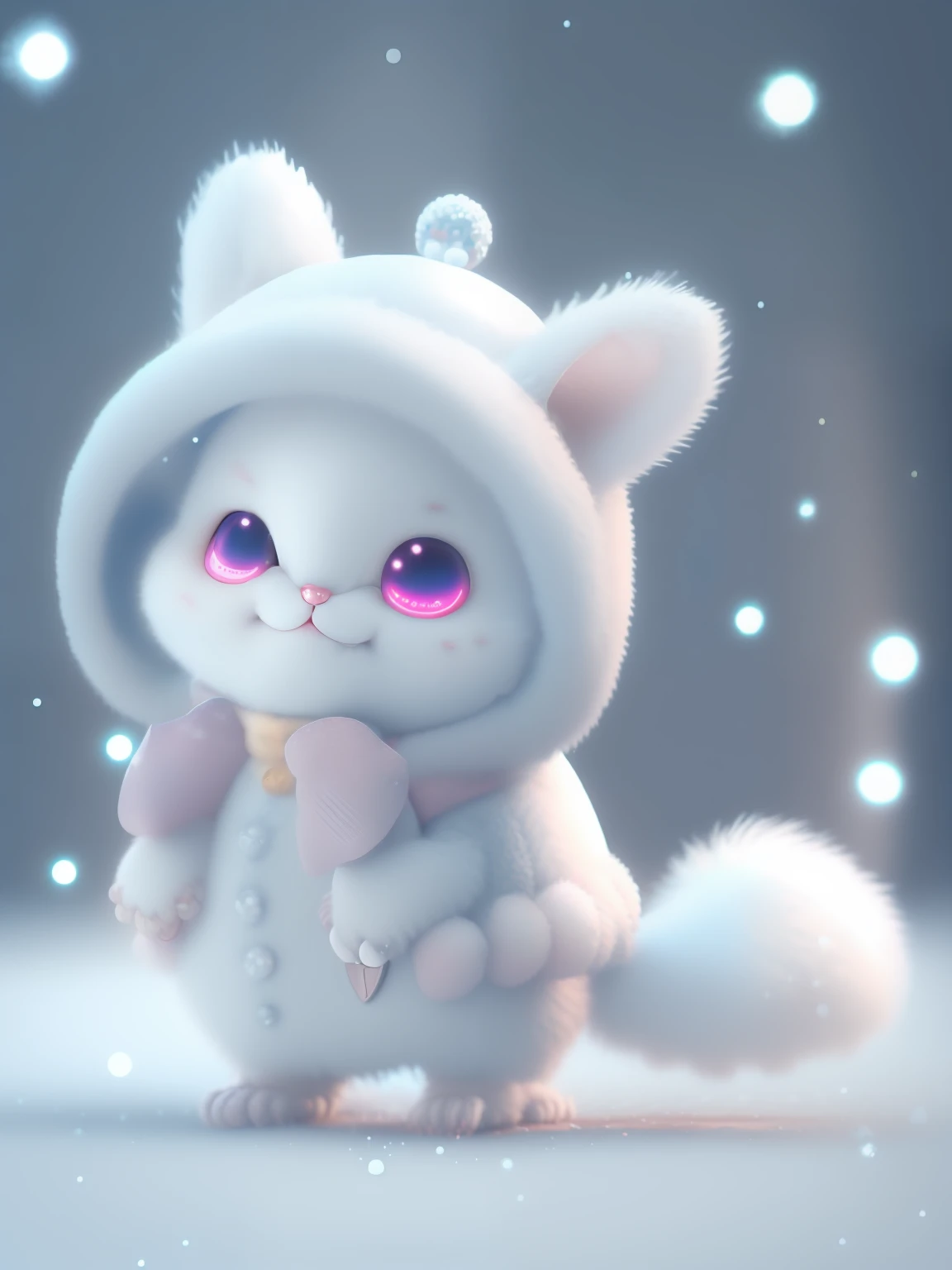 a cute little cat+Snow-white furry,Big bright eyes,A sweet smile,A sweet smile,Open-mouthed!!!,Dress up as a fashion model,Wearing a stylish suit with pink crystal texture,Hats and handbags,Snow white fluffy,Big bright eyes,Big bright eyes,standingn,Fluffy tail,Winter rises,The snow flutters gently,Extremely detailed 3D animation renders symmetrical center position, Super realistic, super detailing, posh, 3, 灯光, ultra clear details, Ultra-transparent material, Close-up of, complex texture, rendering by octane, zbrush, 8K, Ultra-realistic UREAL,Open-mouthed!!!,rightward!!!