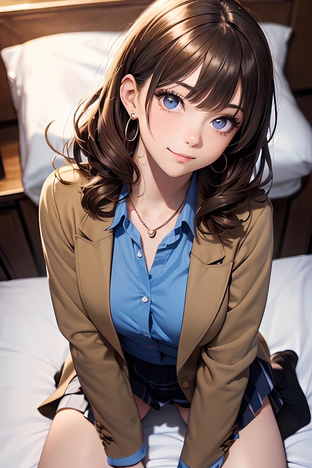 (masutepiece: 1.3), (max resolution: 1.2), (Ultra HDTV: 1.2), cinema lite, Ultra HDTV, (Detailed eyes and skin), (detailed facial features), ultgp, 8K resolution, Sharp Focus: 1.2, Perfect Style, Beautiful Face, accurate, Anatomically correct, Highly detailed face and skin texture, Detailed eyes, Dark-blue eyes, Double eyelids, Thin eyebrows, Glitter Eyeliner: 1.2, Natural cheeks, Glossy skin, Fair skin: 1.2, shiny little necklace and earrings, (Glossy lips: 1.4), break, absurderes, One-person viewpoint, (she is high school Student), (Wearing a Button up shirt, blazer, Pleated mini skirt, knee socks), (Seductive smile: 1.2), (Staring at the viewer), ((Innocent and very cute girl:1.3)), (Layered hairstyle, Wavy Hair), (light brown hair:1.2), Medium Long Hair, (Full body shot: 1.2), Focus on Face, medium large breasts, ((Sit on bed:1.2)), ((armpits:1.4)), ((In the school infirmary)), (From directly above:1.2),