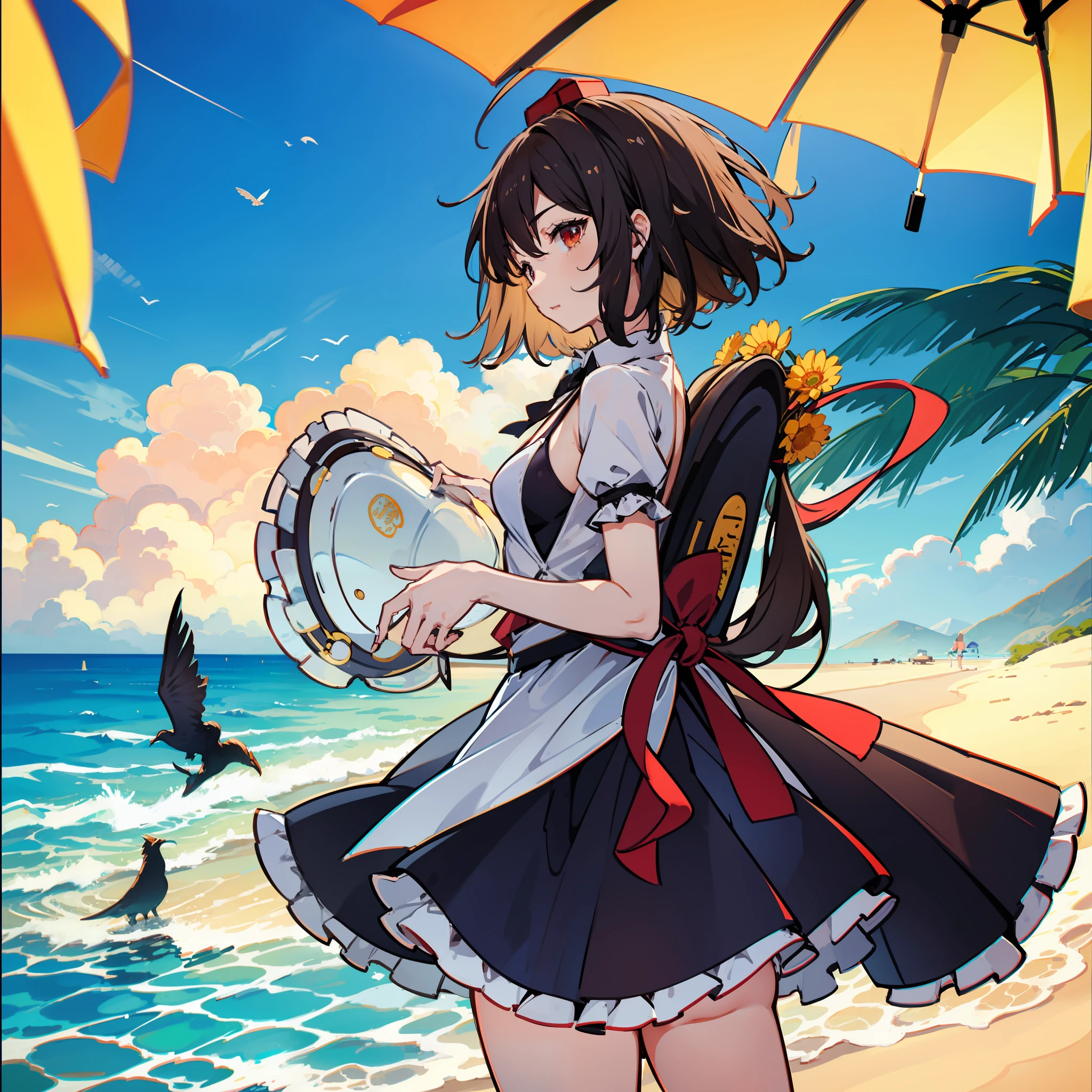 Front Angle, Cowboy Shot, masutepiece, Fine detail, 4K, 8K, 12K, Solo, One person, Beautiful girl, caucasian female, Touhou Project Seimei Marubun, different costume, 👙swim wears、bikinis、 , swimsuit, beach, Sunset