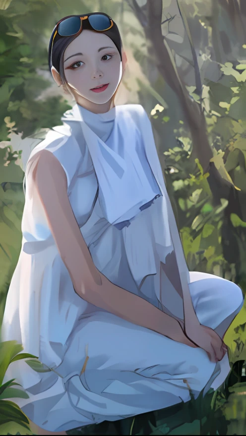 perverted woman,wearing white clothes,Put your arms around the neck,Wear white pants,Sunglasses on the head hang from the forehead,High restore