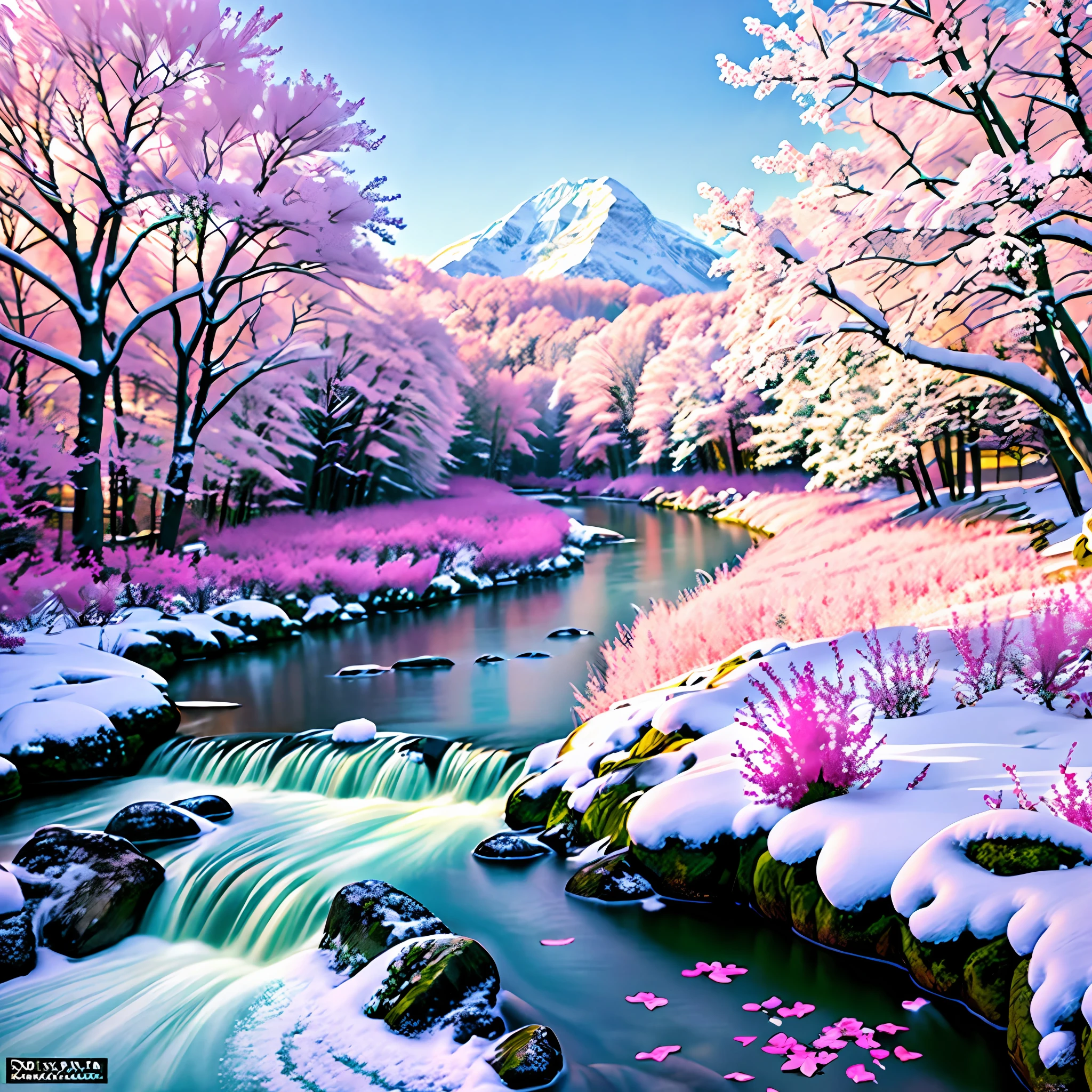 snowy river with pink trees and pink flowers in the foreground, pink landscape, beautiful snowy landscape, pink waterfalls, really beautiful nature, warm beautiful scene, pink forest, beautiful winter area, very beautiful scenery, anime beautiful peace scene, very beautiful photo, beautiful nature, very very beautiful scenery, beautiful flowing feeling, winter setting, anime nature, very very very beautiful scenery