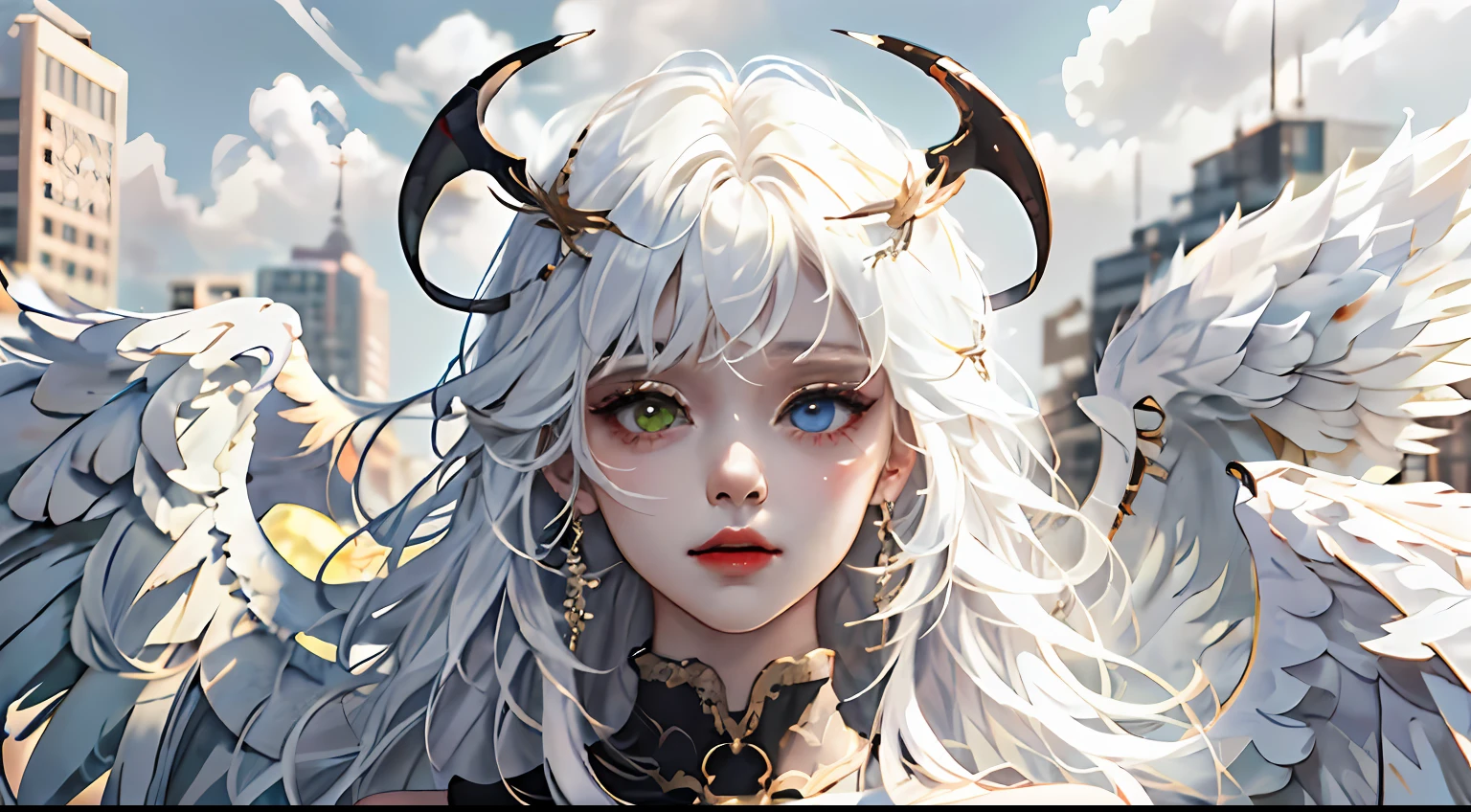 (masterpiece:1.3),(best quality:1.2),8k,absurdres,unity 8k wallpapper,(extremely detailed:1.3),highestres,
2girls, ,heterochromia, white hair, black hair, split theme, angel,devil,wings,