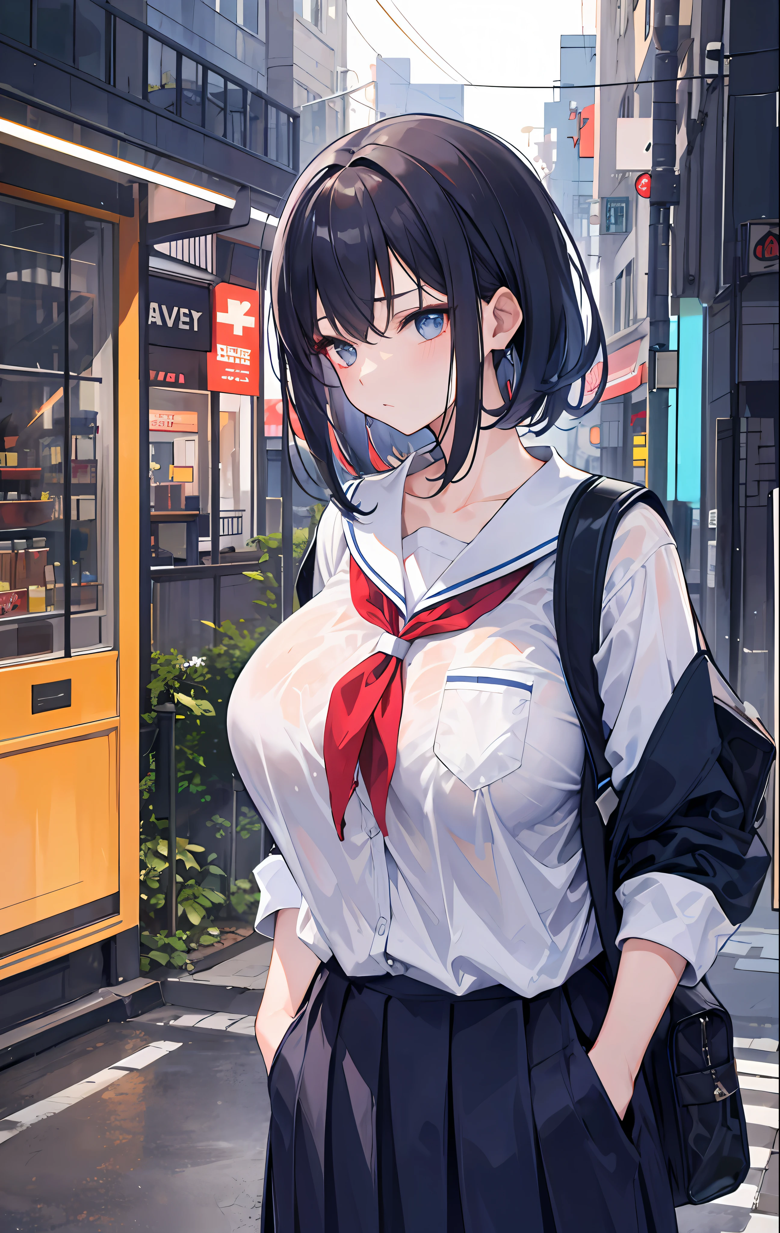 1girl huge large breasts，nightcity，Sateen，Put your hands in your pockets，stray，leaving home，sad expressions，Soaked school uniform，bookbag，Attractive，navels，lone，(A half body)，Super-High Resolution，Ultra-high sharpness，​masterpiece，Best quality
