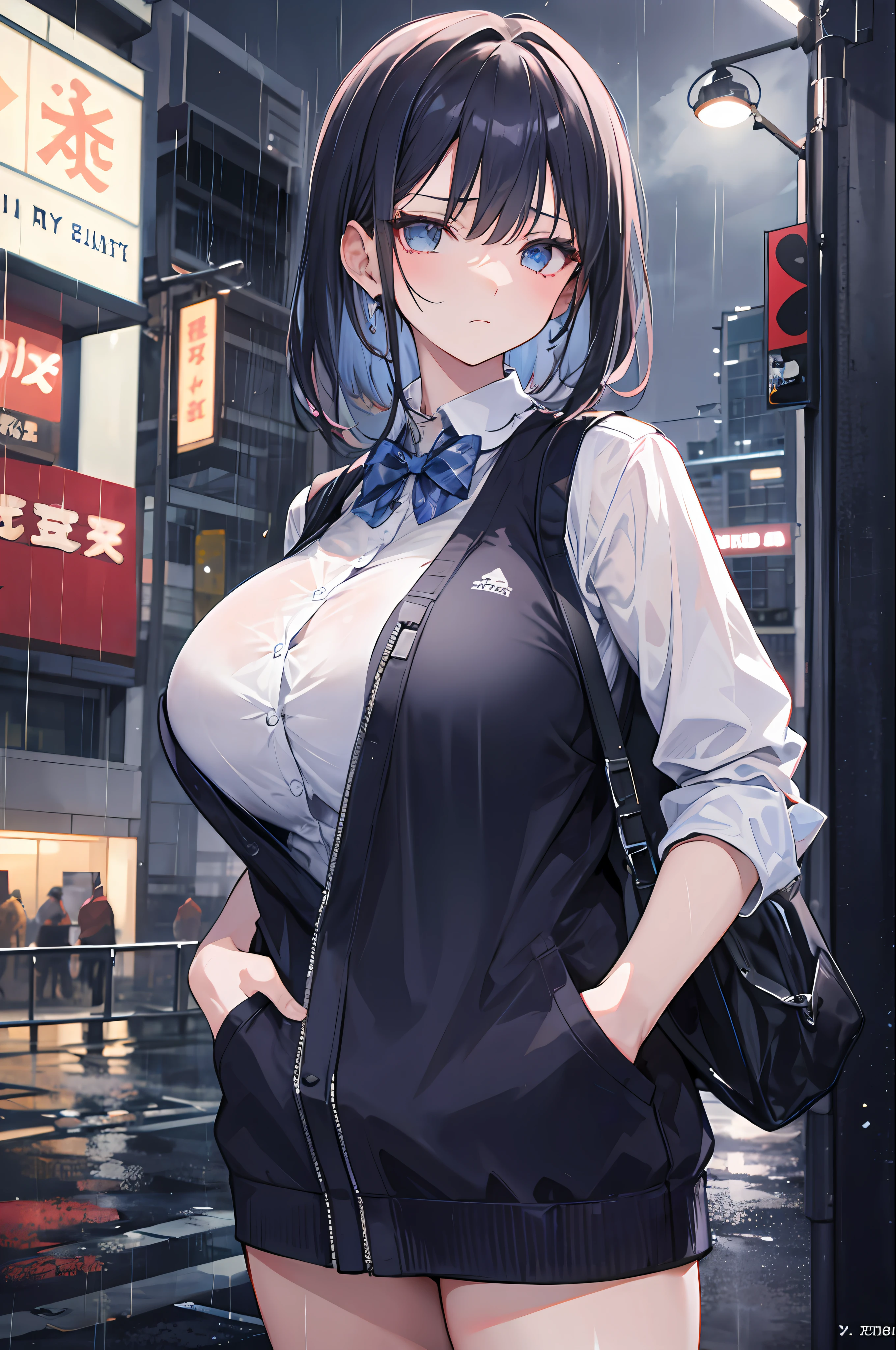 1girl huge large breasts，nightcity，a heavy rain，Put your hands in your pockets，stray，leaving home，sad expressions，Soaked vest，lingeries，Attractive，lone，A half body，(Super-High Resolution)，(Ultra-high sharpness)，​masterpiece，Best quality